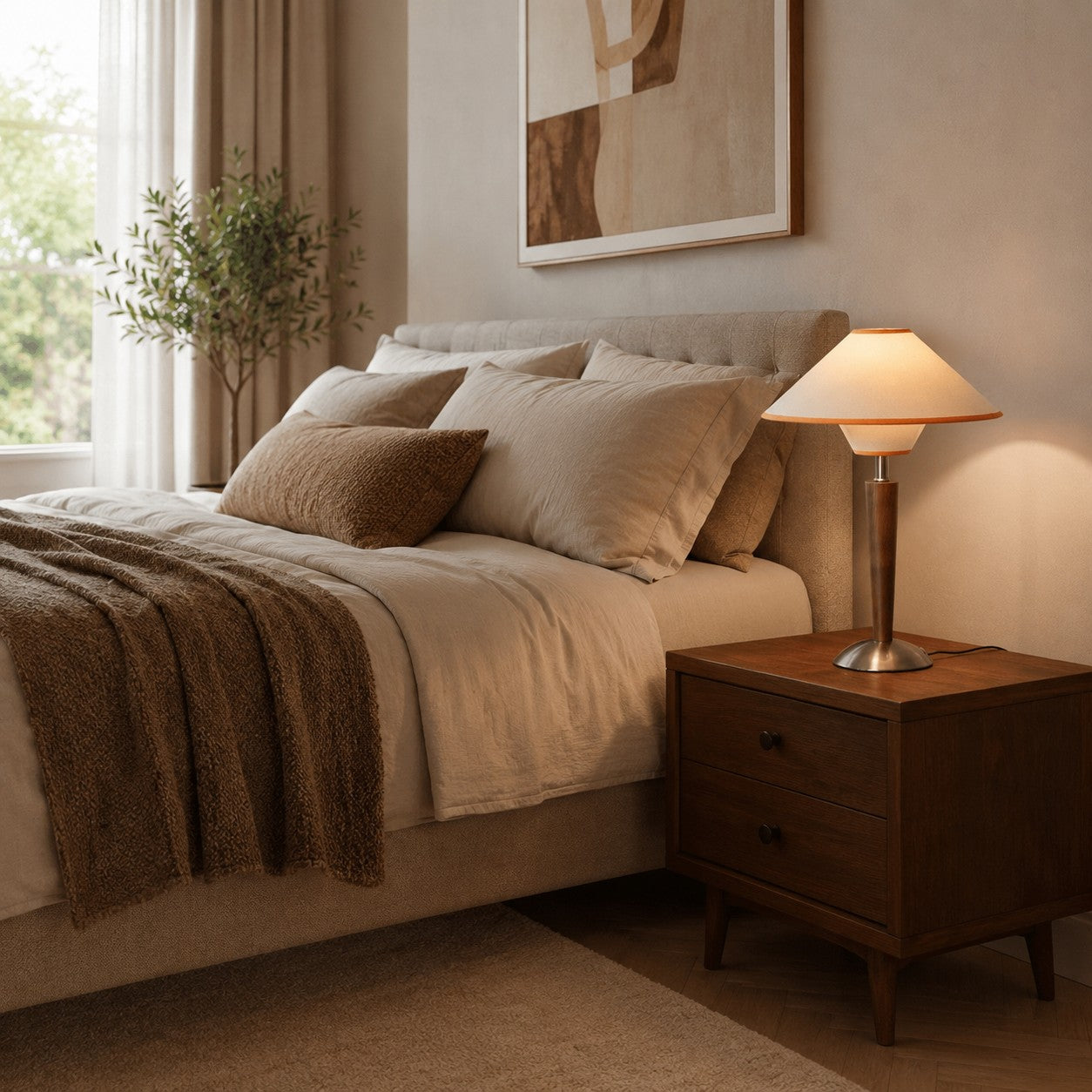 Modern Table Lamp with Wooden Base and Fabric Shade Plug-in Adjustable Dimmable 40W E26/E27 | ribuella
