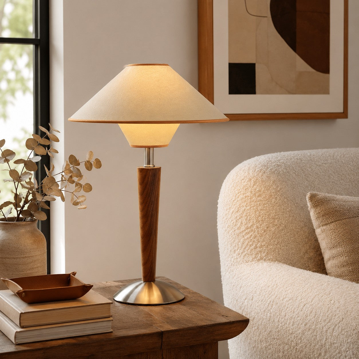 Modern Table Lamp with Wooden Base and Fabric Shade Plug-in Adjustable Dimmable 40W E26/E27 | ribuella