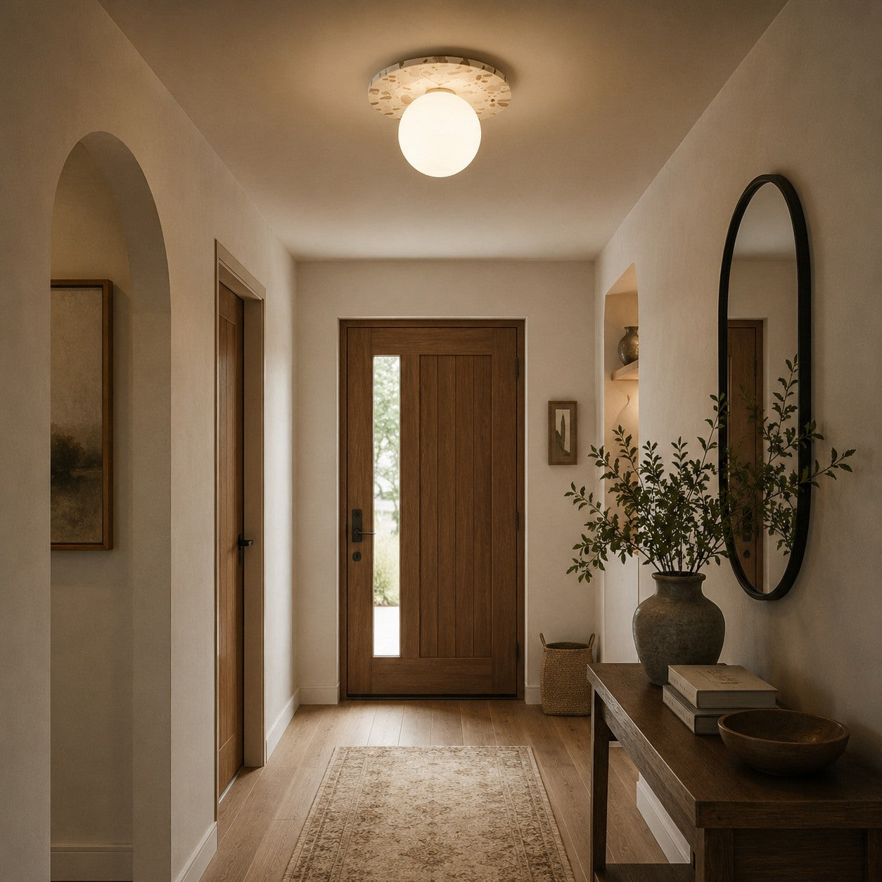 Moderne terrazzo-loftlampe med plan montering, kugleformet glasskærm og kobberdetaljer til stemningsbelysning | ribuella