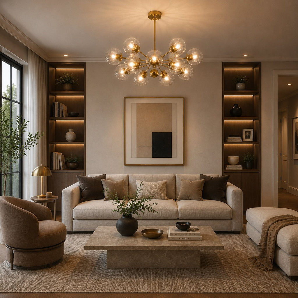 Candelabru modern, etajat, suspendat, cu structură din alamă, globuri din sticlă striată și design cu 12 lumini | ribuella