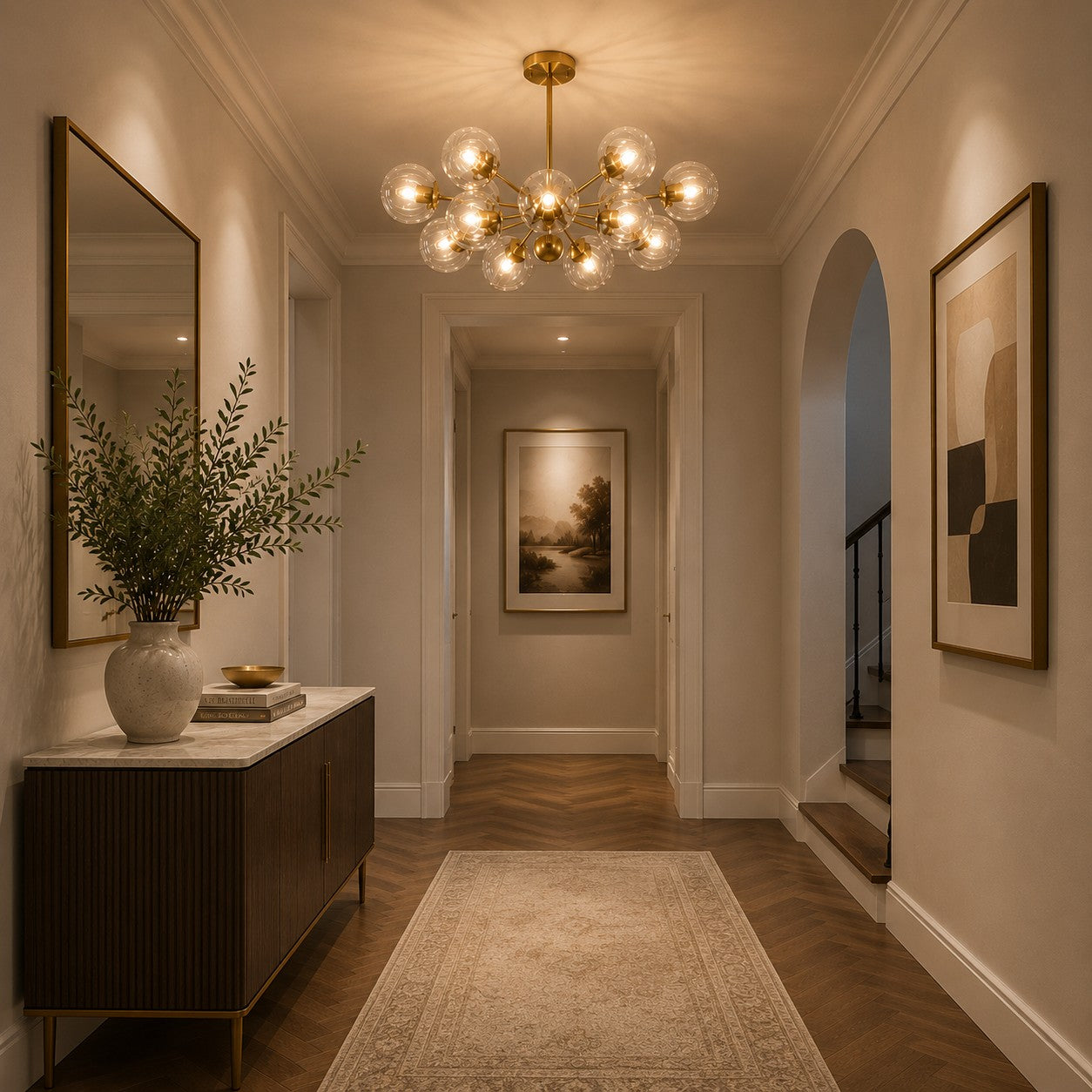 Candelabru modern, etajat, suspendat, cu structură din alamă, globuri din sticlă striată și design cu 12 lumini | ribuella