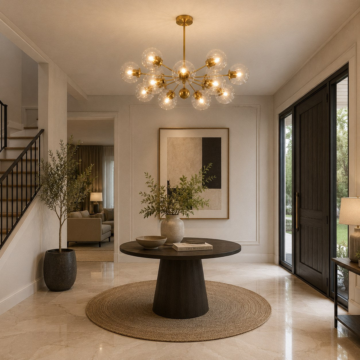 Candelabru modern, etajat, suspendat, cu structură din alamă, globuri din sticlă striată și design cu 12 lumini | ribuella