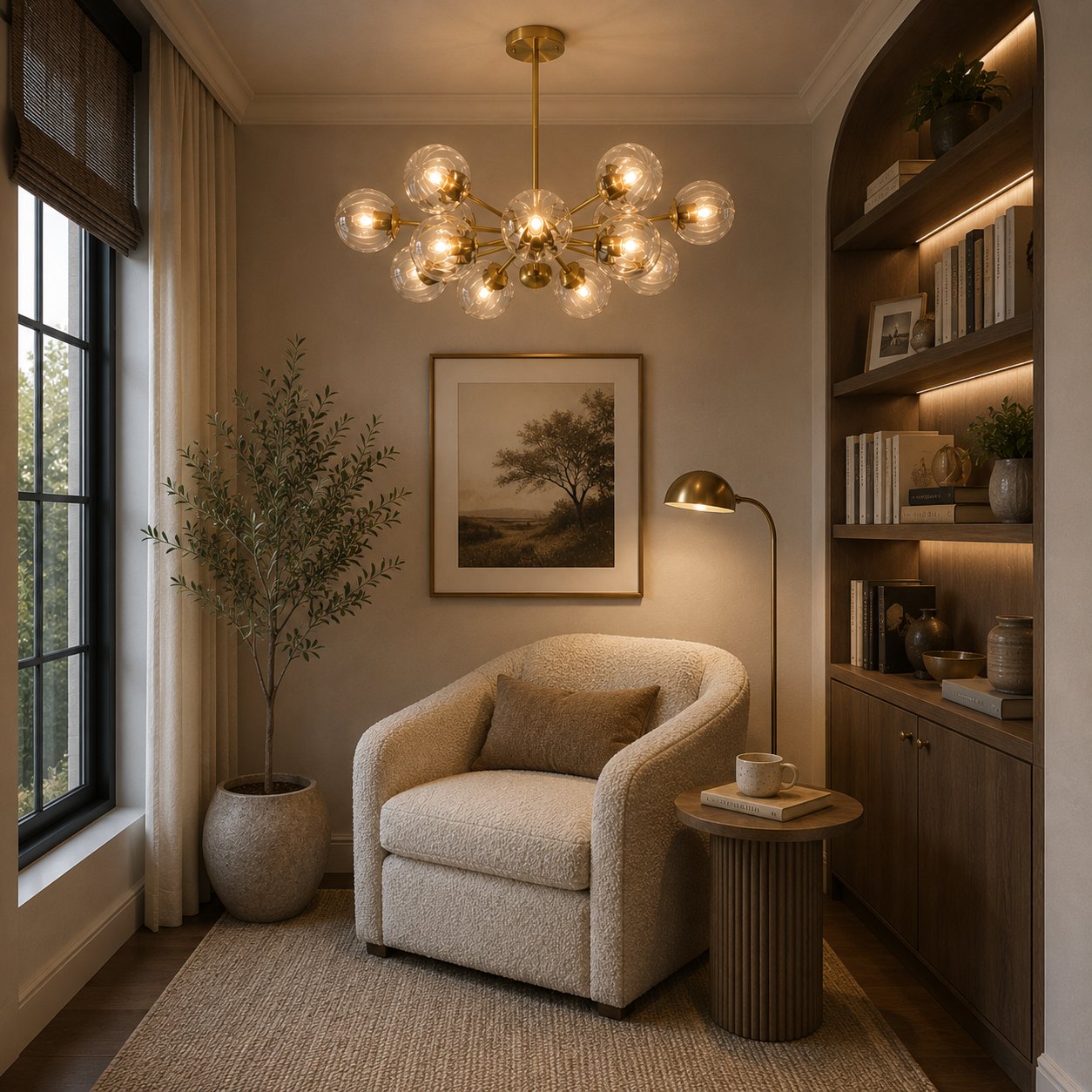 Candelabru modern, etajat, suspendat, cu structură din alamă, globuri din sticlă striată și design cu 12 lumini | ribuella