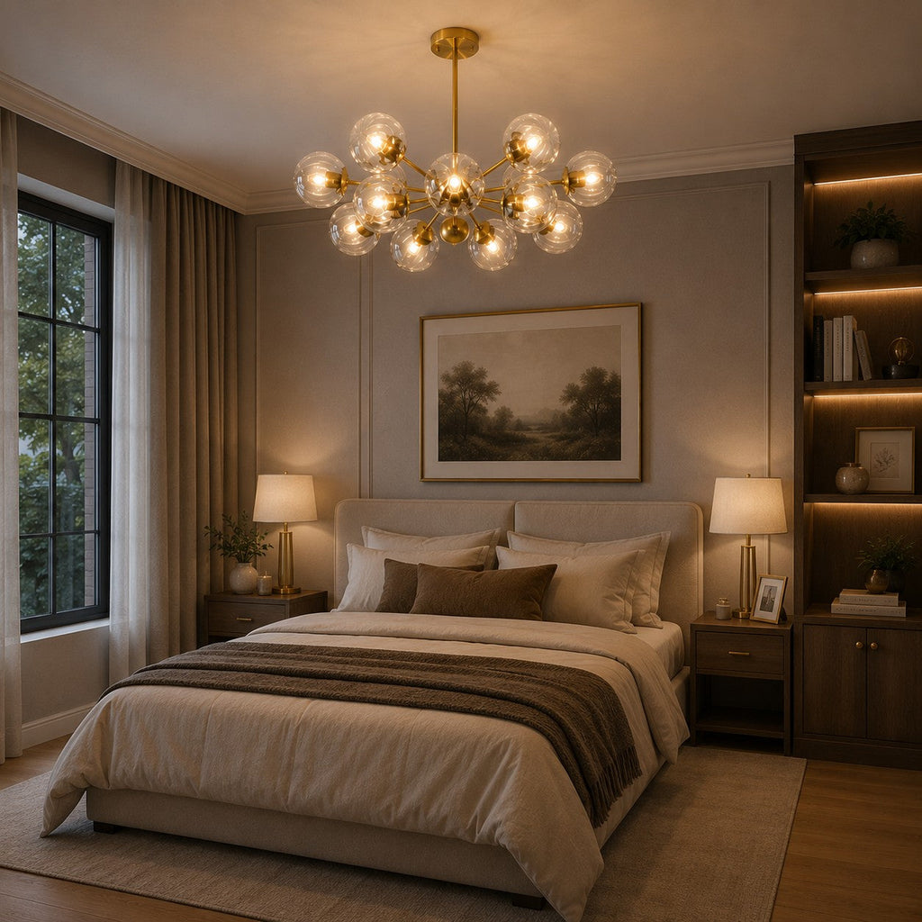 Candelabru modern, etajat, suspendat, cu structură din alamă, globuri din sticlă striată și design cu 12 lumini | ribuella