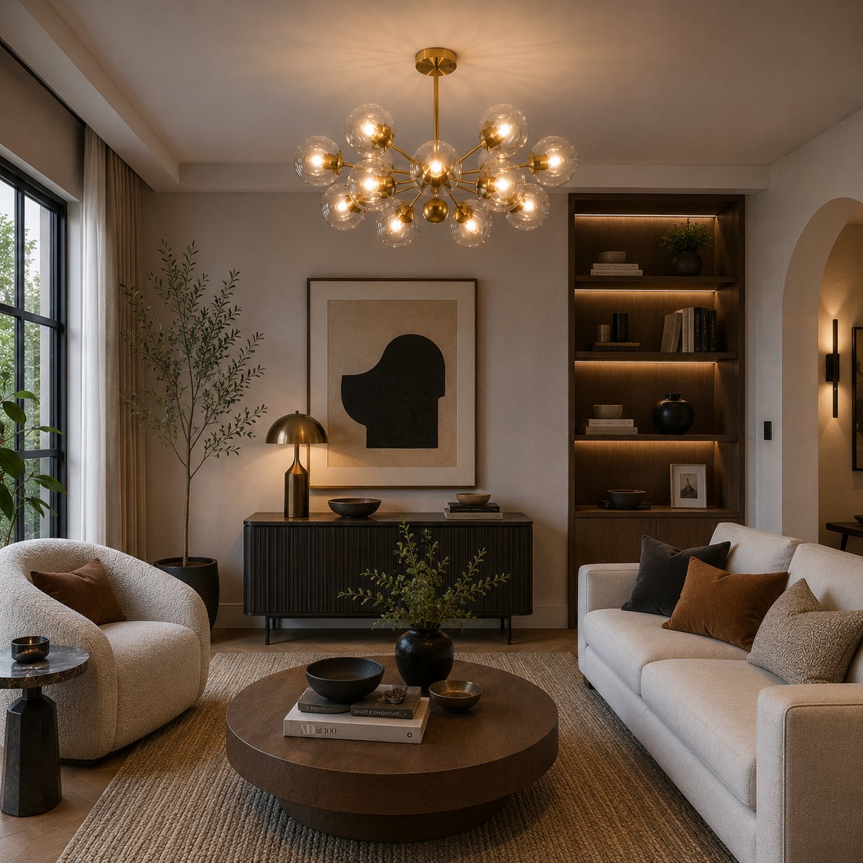 Candelabru modern, etajat, suspendat, cu structură din alamă, globuri din sticlă striată și design cu 12 lumini | ribuella