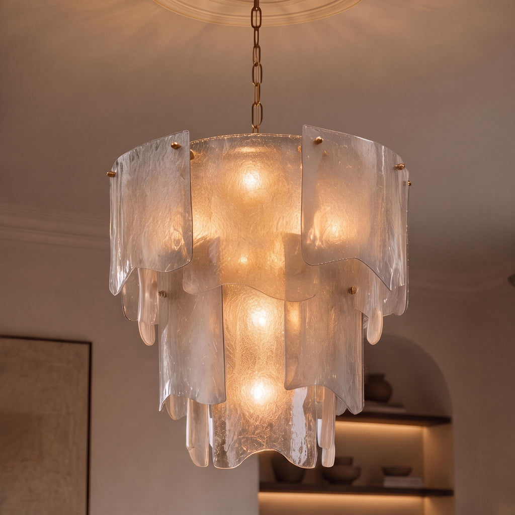 Candelabru modern din sticlă, cu niveluri, corp de iluminat suspendat reglabil, metalic, cu LED, pentru sufragerii | ribuella