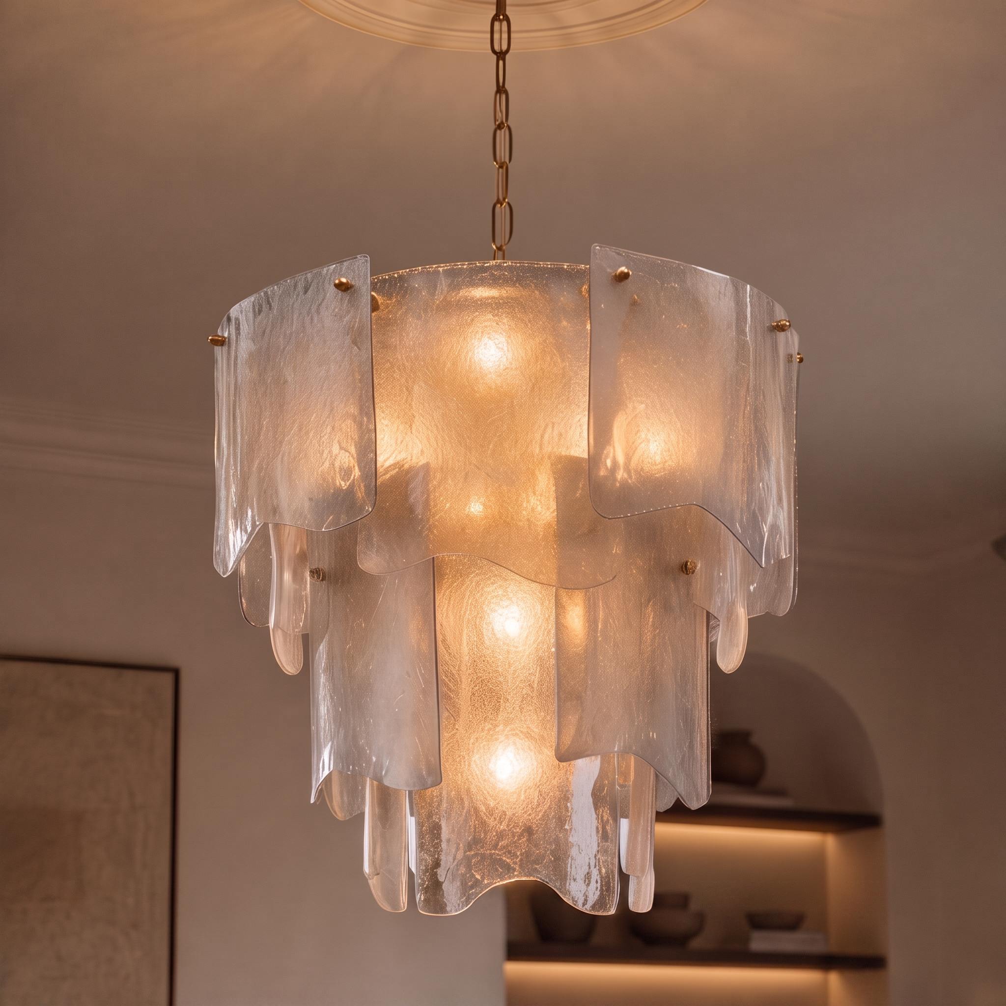 Candelabru modern din sticlă, cu niveluri, corp de iluminat suspendat reglabil, metalic, cu LED, pentru sufragerii | ribuella