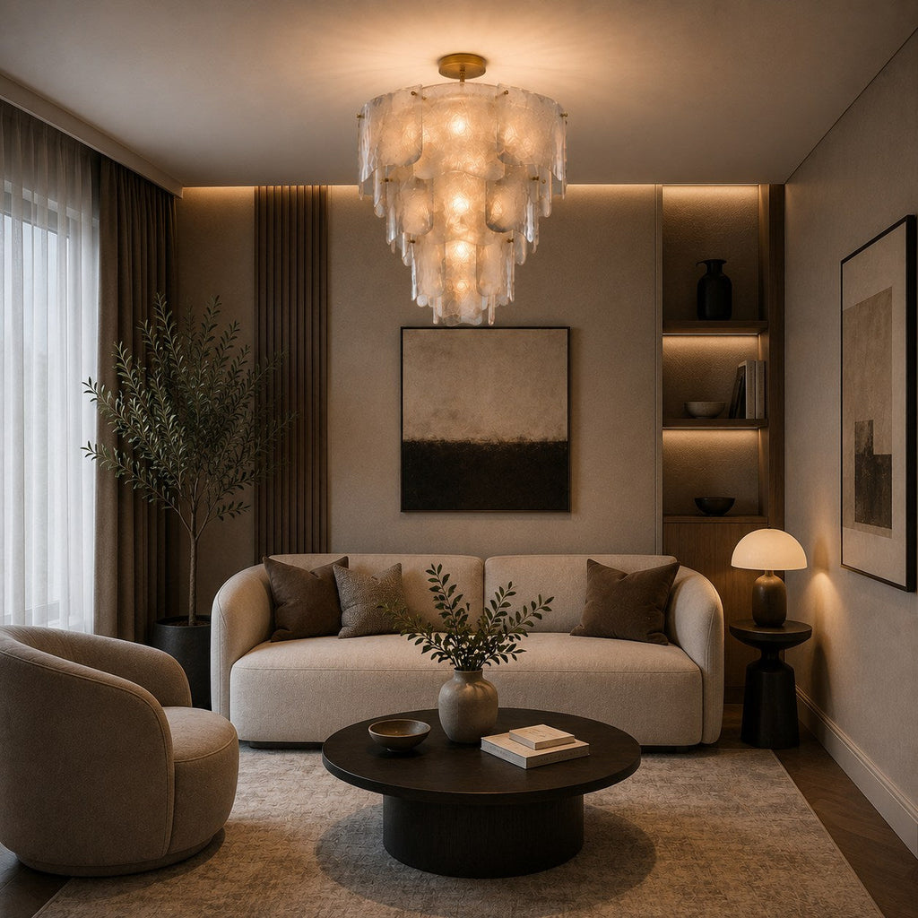 Candelabru modern din sticlă, cu niveluri, corp de iluminat suspendat reglabil, metalic, cu LED, pentru sufragerii | ribuella