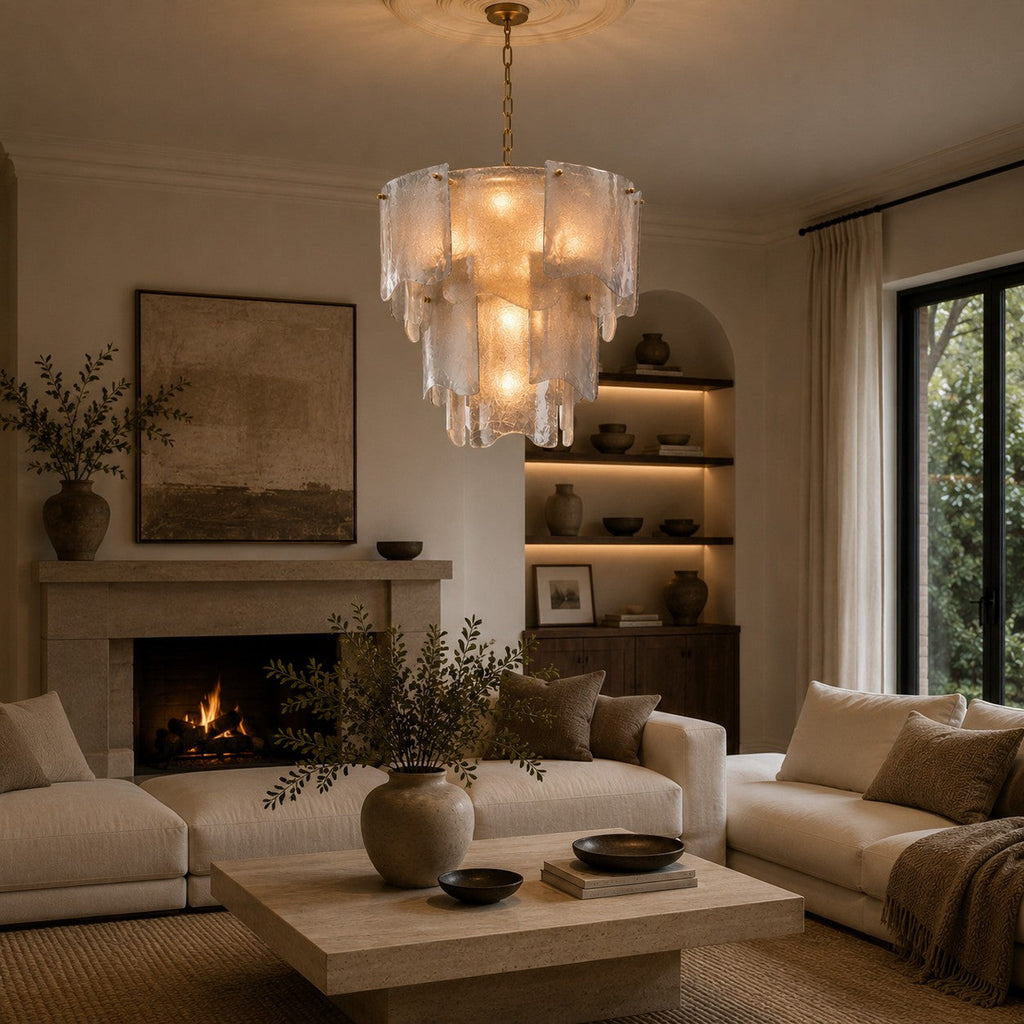 Candelabru modern din sticlă, cu niveluri, corp de iluminat suspendat reglabil, metalic, cu LED, pentru sufragerii | ribuella