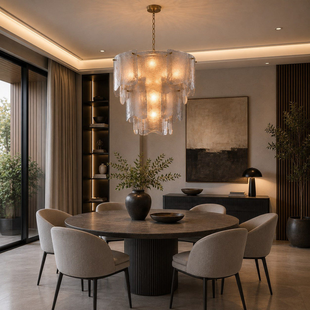 Candelabru modern din sticlă, cu niveluri, corp de iluminat suspendat reglabil, metalic, cu LED, pentru sufragerii | ribuella