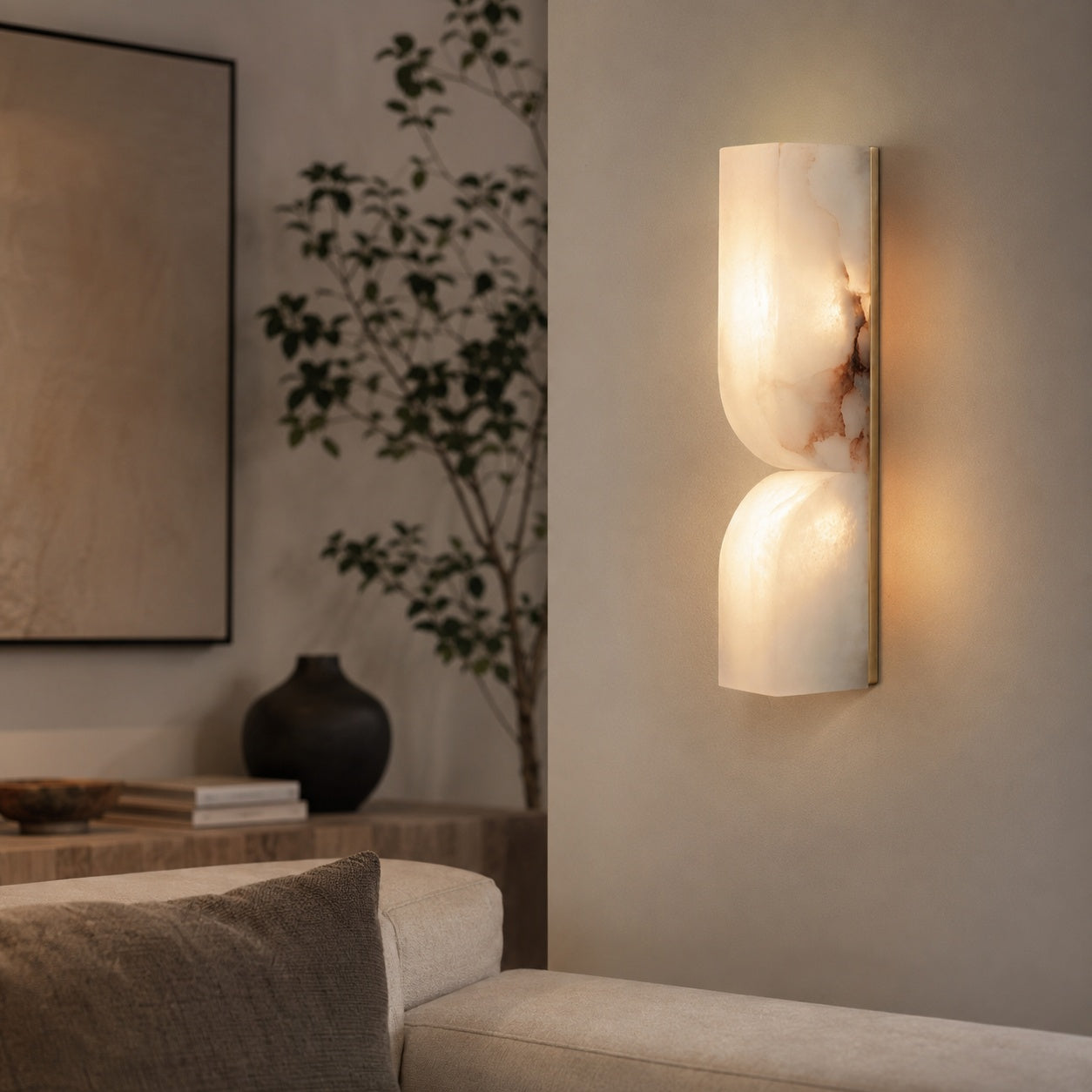 Moderne Wandleuchte, wandmontierte Alabaster-Wandleuchte mit Kupferakzenten, LED-Warmlicht für eine angenehme Atmosphäre | ribuella