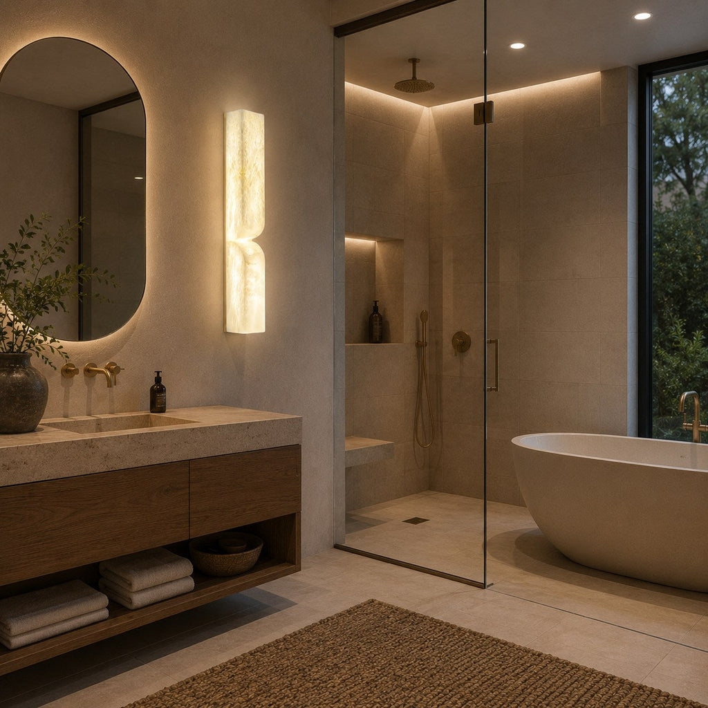 Moderne Wandleuchte, wandmontierte Alabaster-Wandleuchte mit Kupferakzenten, LED-Warmlicht für eine angenehme Atmosphäre | ribuella