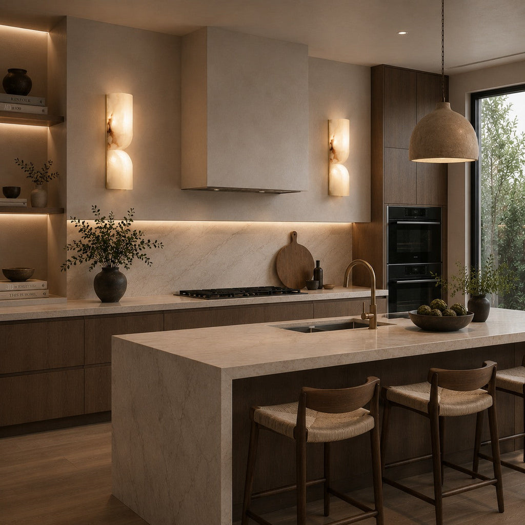 Moderne Wandleuchte, wandmontierte Alabaster-Wandleuchte mit Kupferakzenten, LED-Warmlicht für eine angenehme Atmosphäre | ribuella