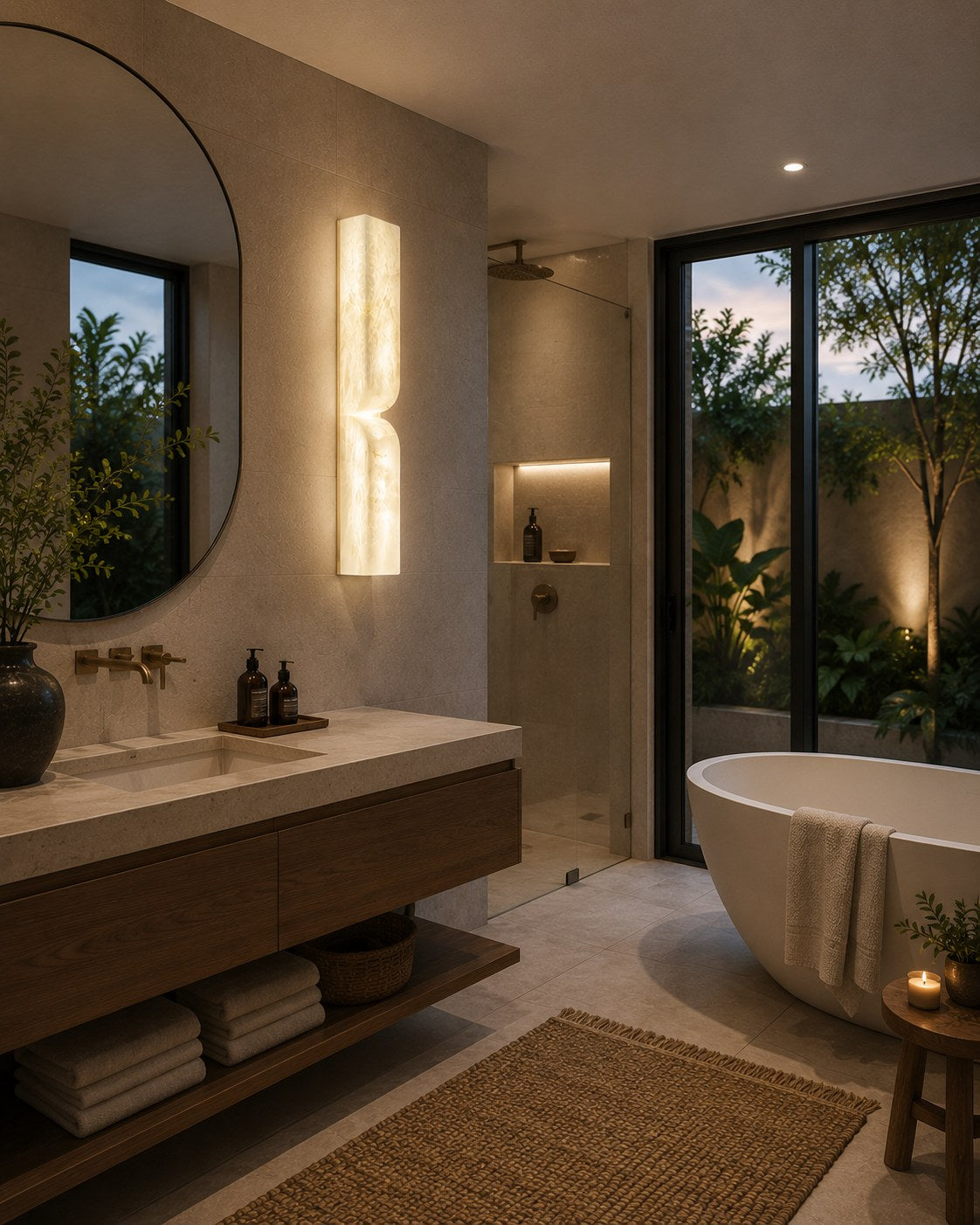 Moderne Wandleuchte, wandmontierte Alabaster-Wandleuchte mit Kupferakzenten, LED-Warmlicht für eine angenehme Atmosphäre | ribuella