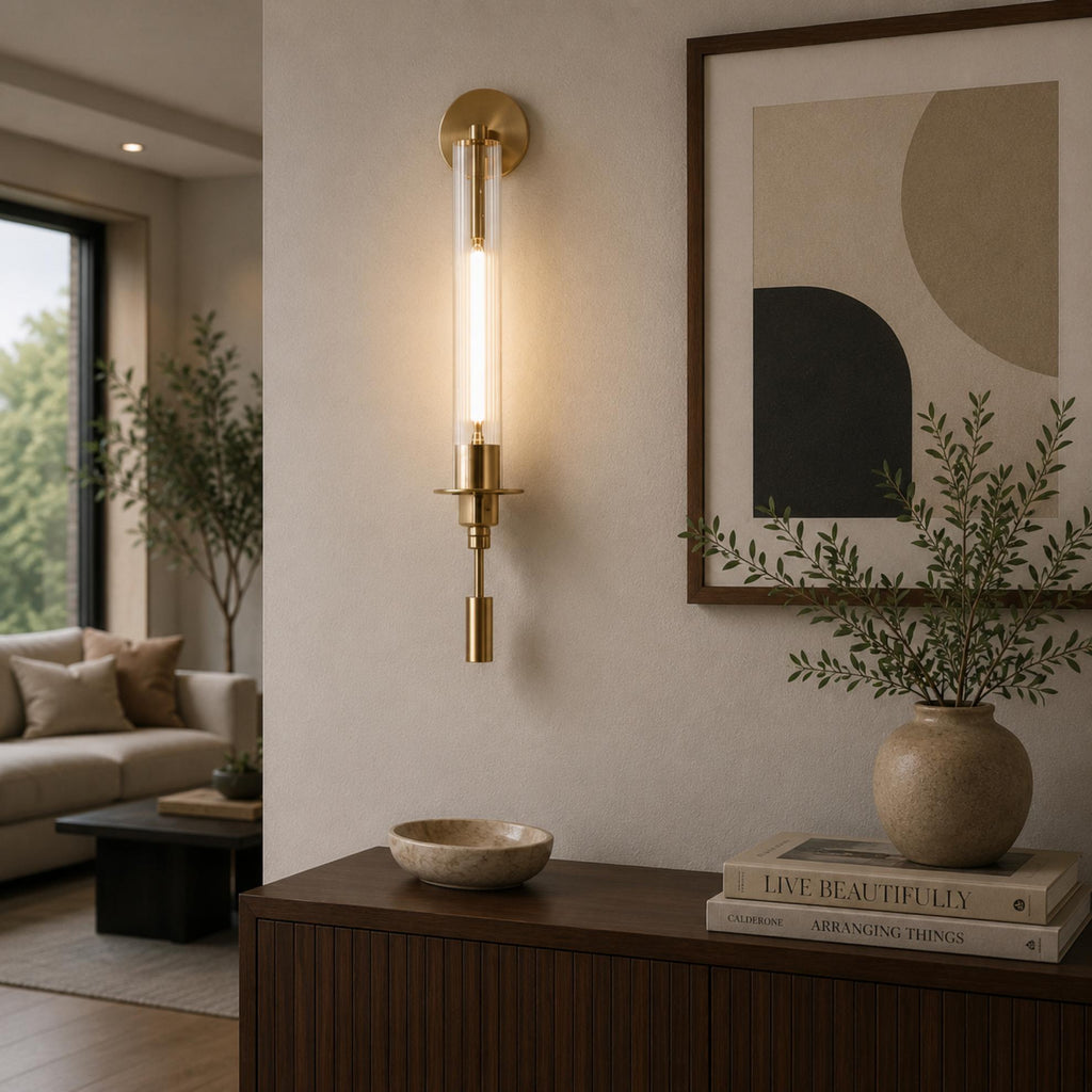 Moderne Wandleuchte zur Wandmontage mit Kupferrahmen und Klarglasschirm, dimmbare LED-Akzentleuchte | ribuella
