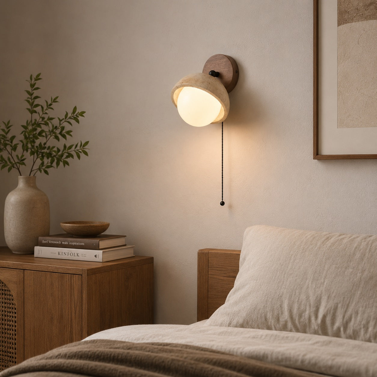 Modern Wall Sconce Lighting with Pull Chain Yellow Travertine and Glass LED Indoor Light | ribuella