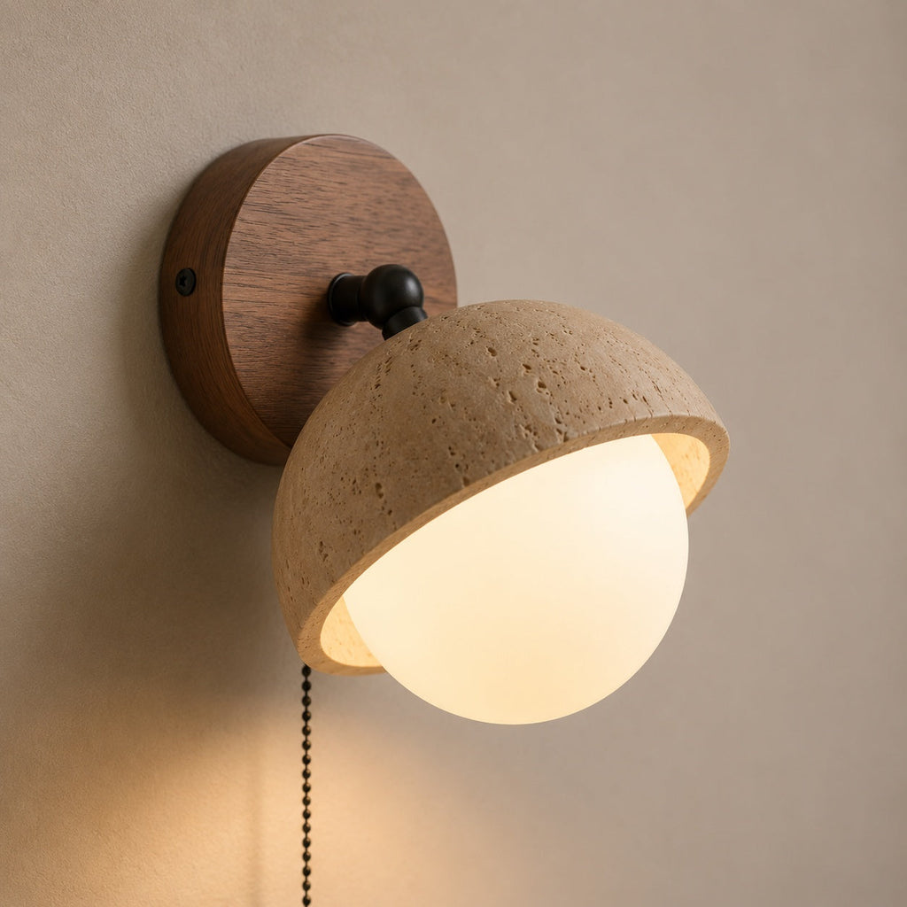 Modern Wall Sconce Lighting with Pull Chain Yellow Travertine and Glass LED Indoor Light | ribuella