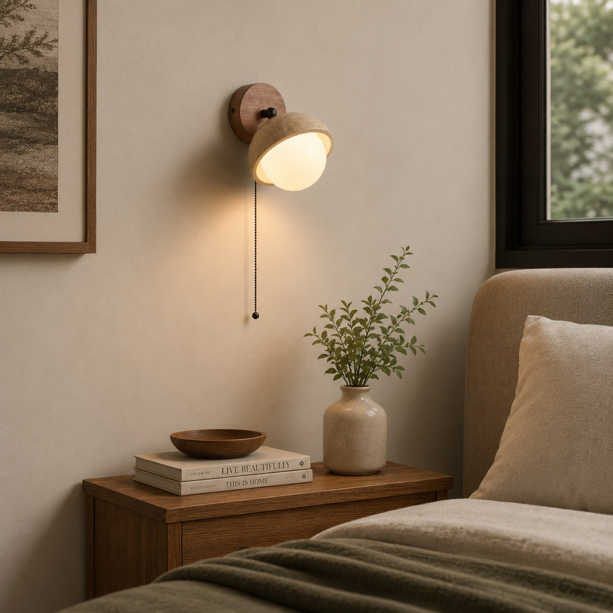 Modern Wall Sconce Lighting with Pull Chain Yellow Travertine and Glass LED Indoor Light | ribuella