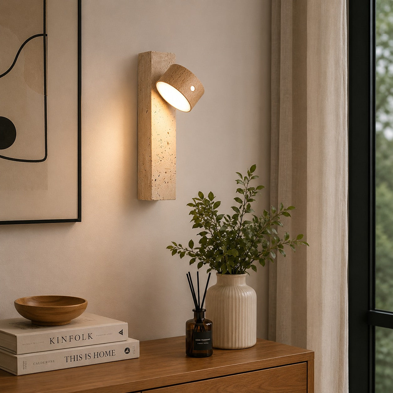 Moderne Holzwandleuchte, verstellbare, USB-betriebene LED-Leuchte mit gelbem Travertinfuß als Wandschandleuchte für Innenräume | ribuella