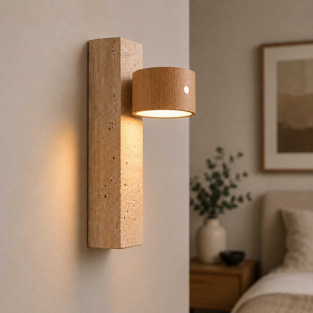Moderne Holzwandleuchte, verstellbare, USB-betriebene LED-Leuchte mit gelbem Travertinfuß als Wandschandleuchte für Innenräume | ribuella