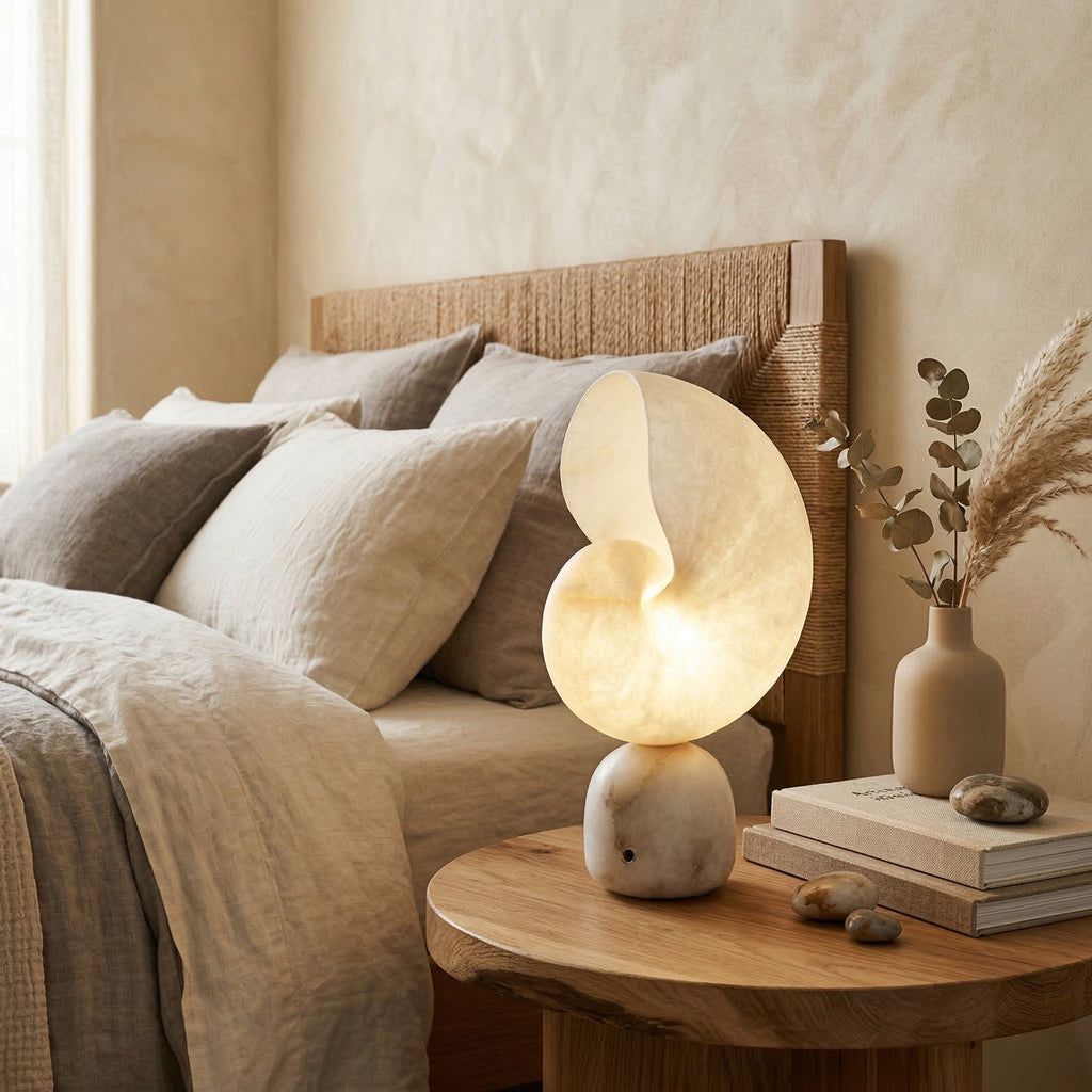 Moderne Alabaster-Tischlampe mit Touch-Steuerung, USB-Ladefunktion und einstellbarer Helligkeit für den Einsatz am Bett | ribuella