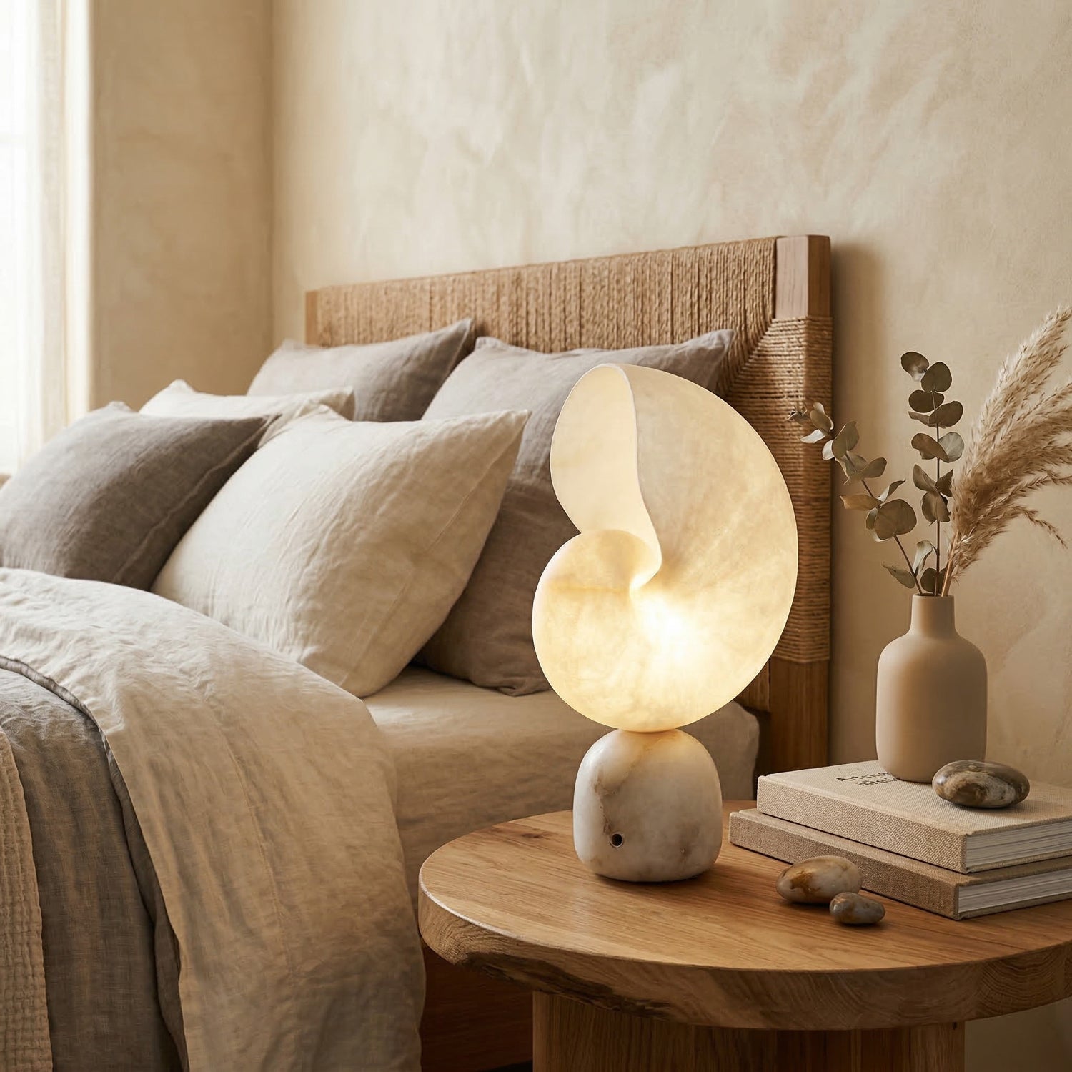 Moderne Alabaster-Tischlampe mit Touch-Steuerung, USB-Ladefunktion und einstellbarer Helligkeit für den Einsatz am Bett | ribuella