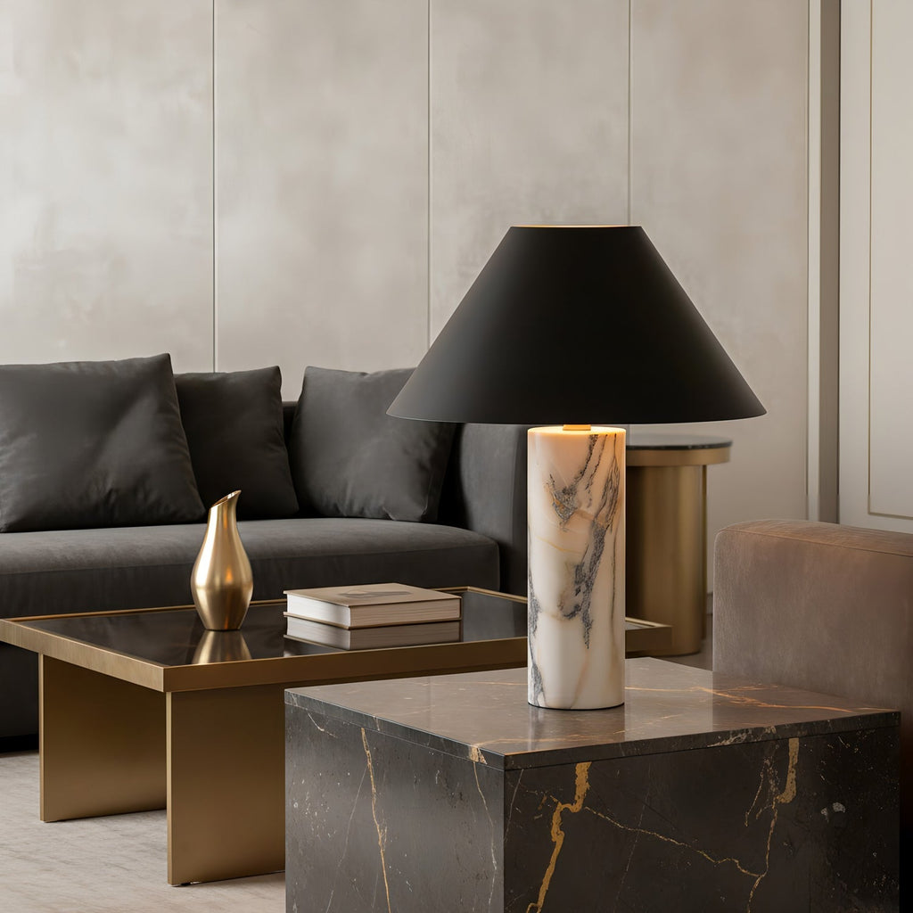 Modern Marble Table Lamp Adjustable Black Fabric Shade LED Compatible for Bedside or Desk | ribuella