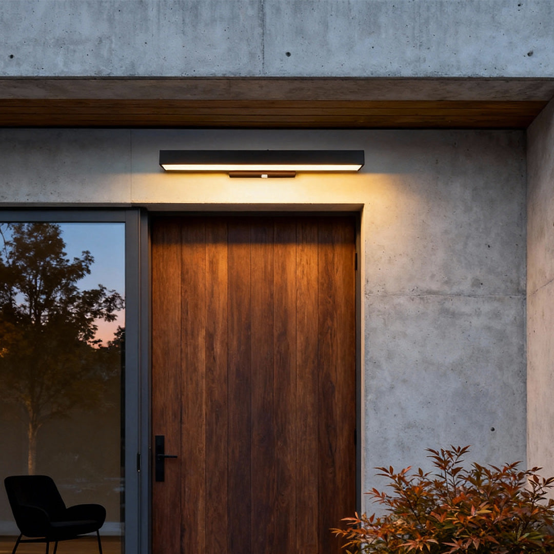 Moderne Außenwandleuchte mit LED-Bewegungsmelder, wandmontiert, schwarz, aus Edelstahl, rechteckig, 4000 K, IP65 | ribuella