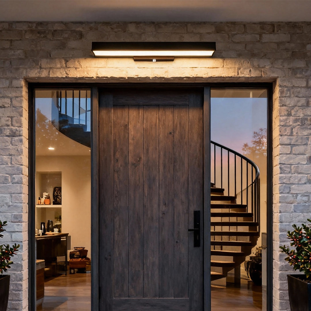 Moderne Außenwandleuchte mit LED-Bewegungsmelder, wandmontiert, schwarz, aus Edelstahl, rechteckig, 4000 K, IP65 | ribuella