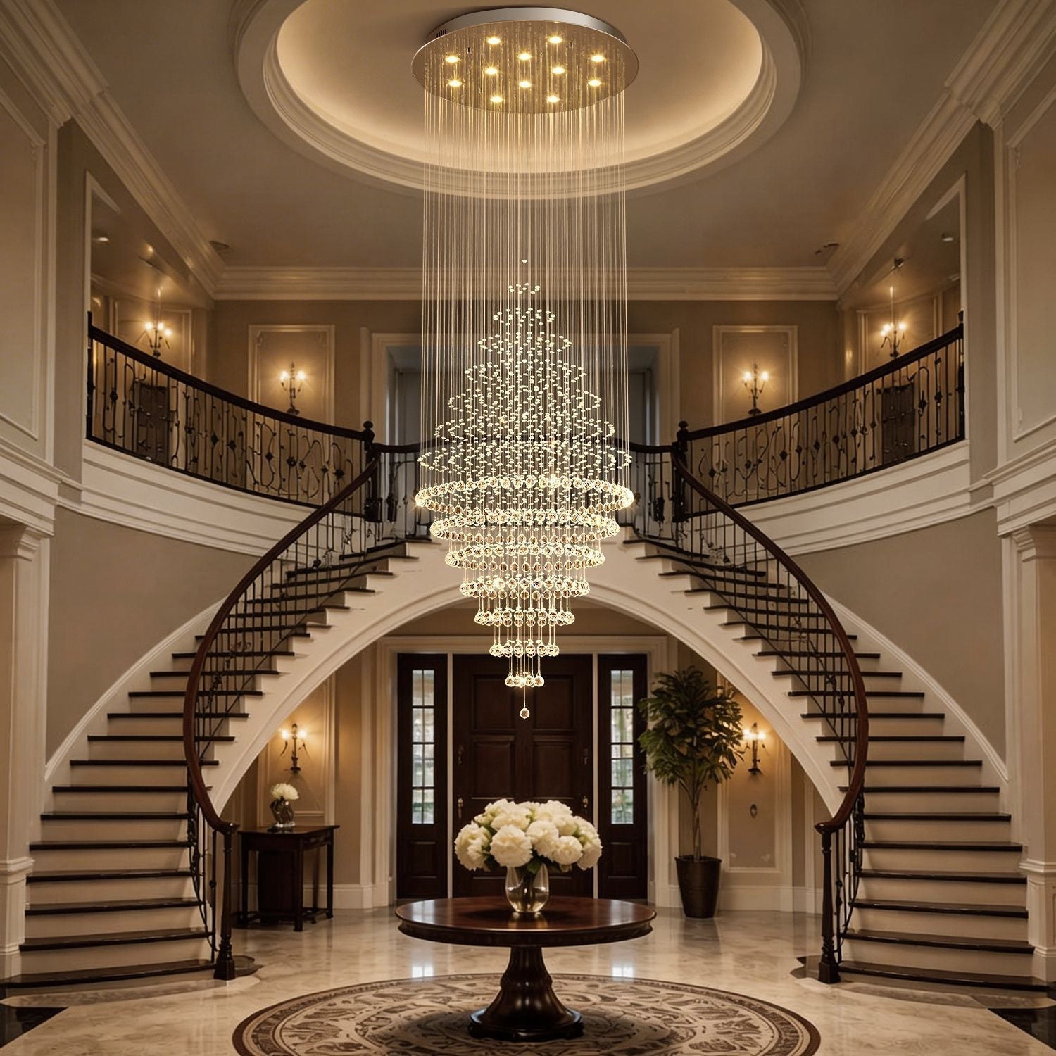 Modern Spiral Crystal Chandelier Hanging Fixture Adjustable Chrome Base LED 10 Lights 110V | ribuella