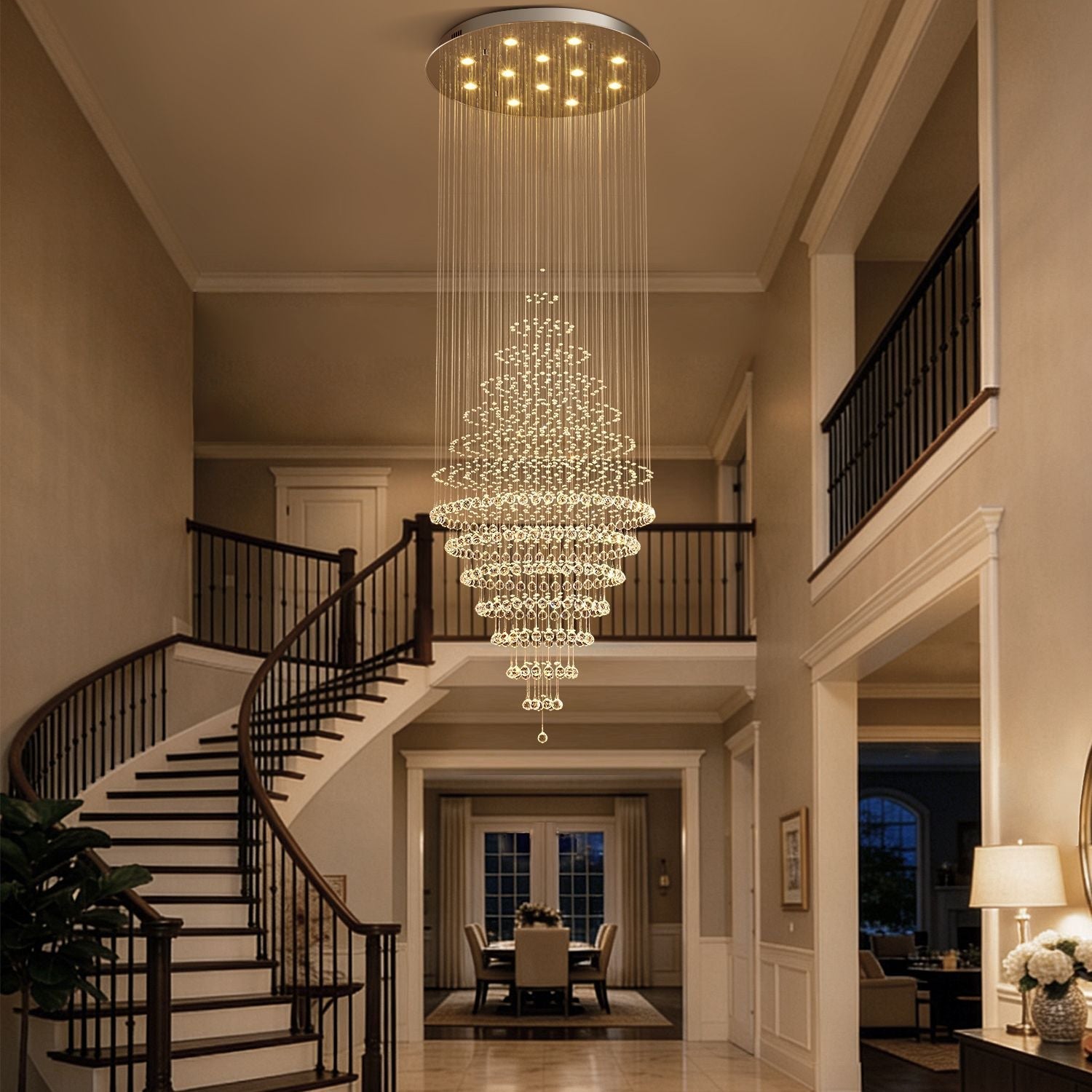 Modern Spiral Crystal Chandelier Hanging Fixture Adjustable Chrome Base LED 10 Lights 110V | ribuella