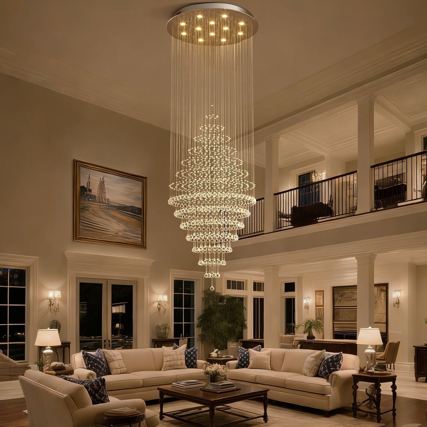 Modern Spiral Crystal Chandelier Hanging Fixture Adjustable Chrome Base LED 10 Lights 110V | ribuella