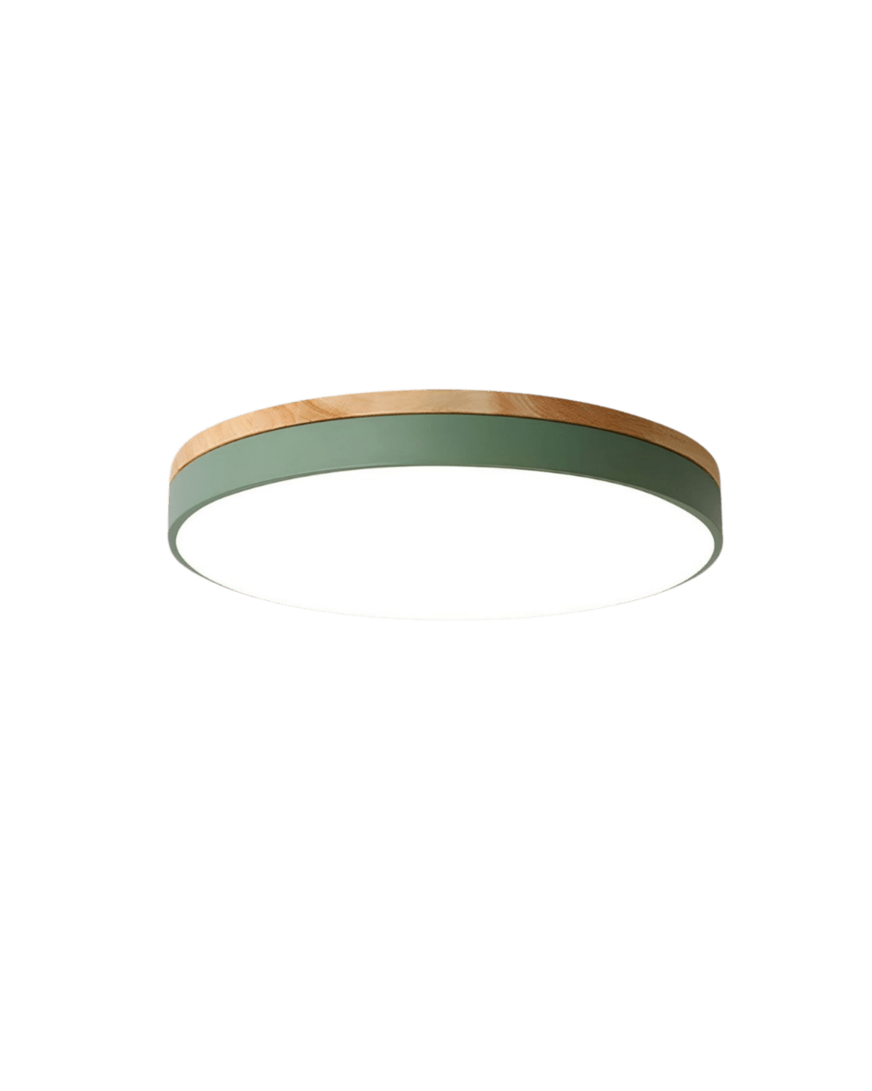 LED-Deckenlampe von SylvaLume mit Holzmaserung und grünem Rand