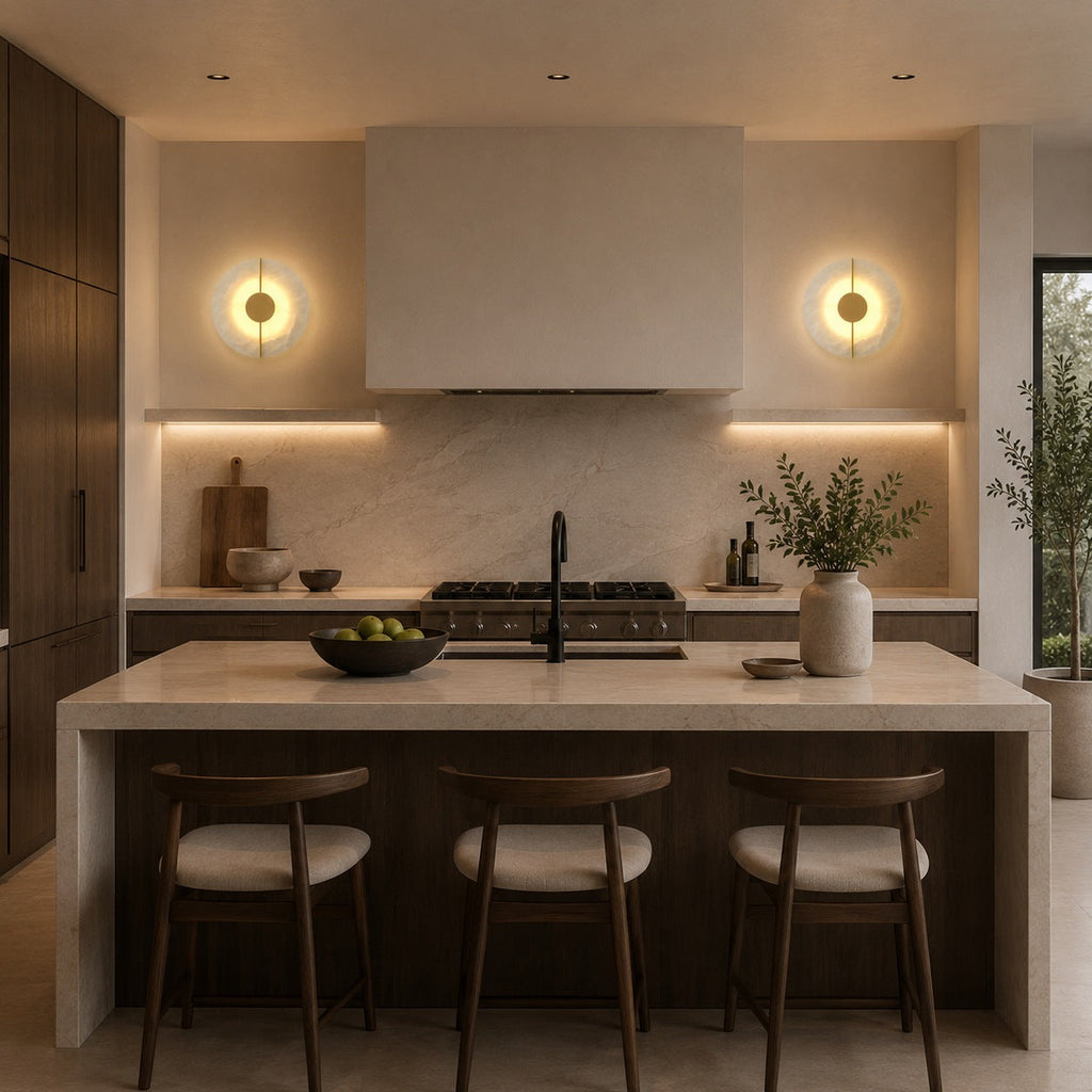 Nordisk minimalistisk væglampe, vægmonteret metalarmatur med marmoraccent, LED til indendørs design | ribuella