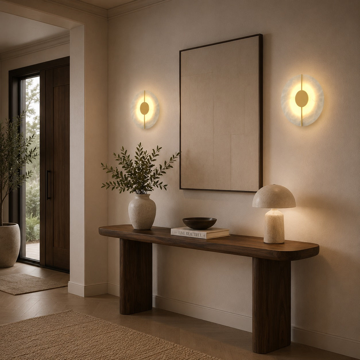 Nordisk minimalistisk væglampe, vægmonteret metalarmatur med marmoraccent, LED til indendørs design | ribuella