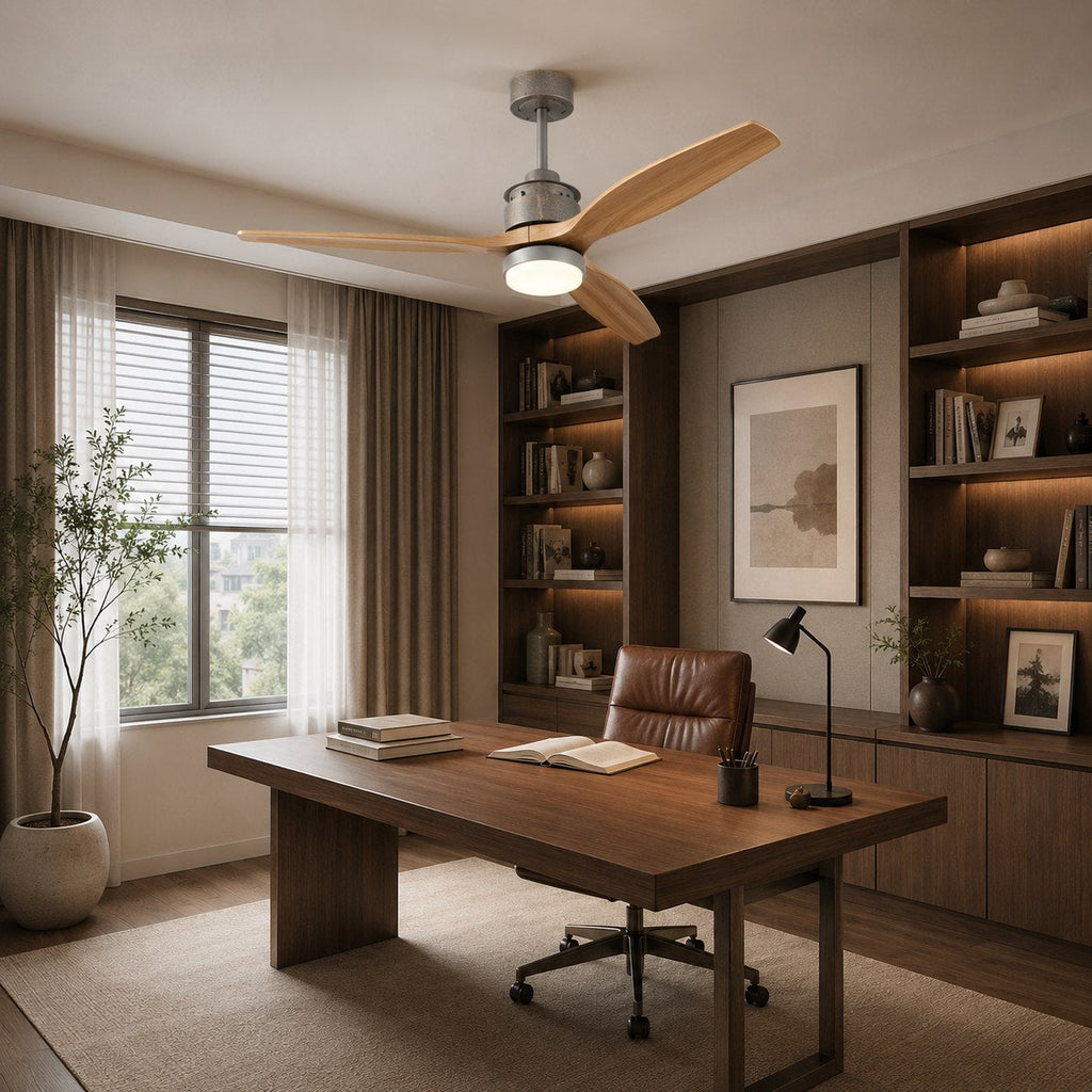 Deckenventilator im nordischen Stil mit Beleuchtung, flacher Montage, Holzflügeln, dimmbarer LED und Fernbedienung | ribuella