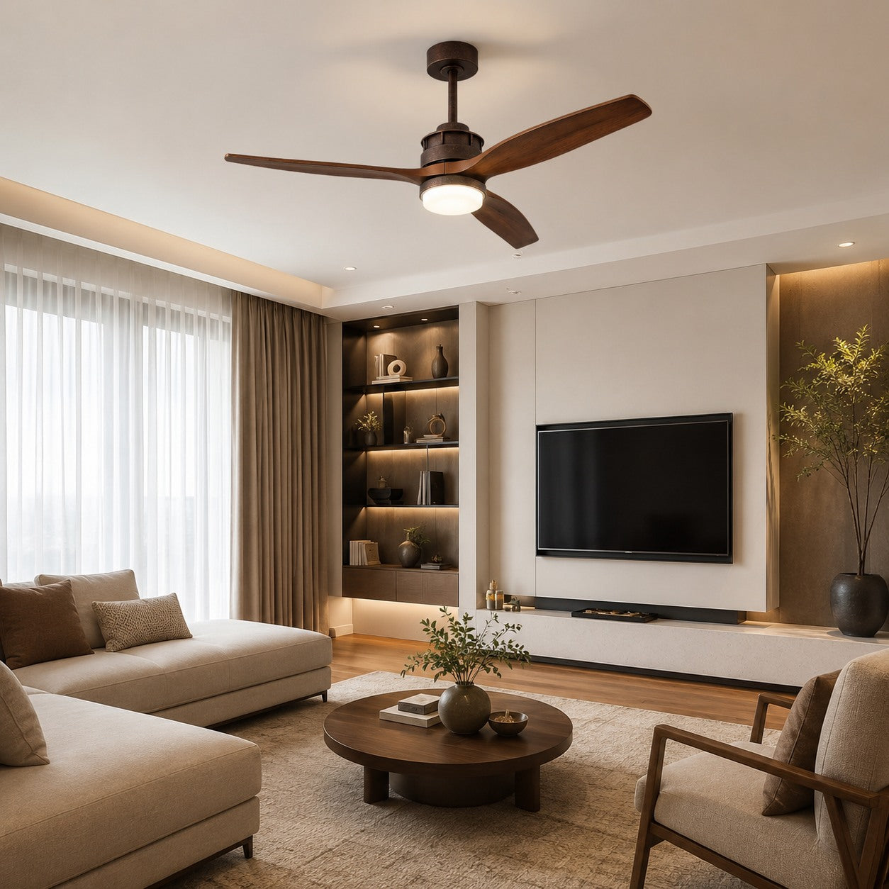 Deckenventilator im nordischen Stil mit Beleuchtung, flacher Montage, Holzflügeln, dimmbarer LED und Fernbedienung | ribuella