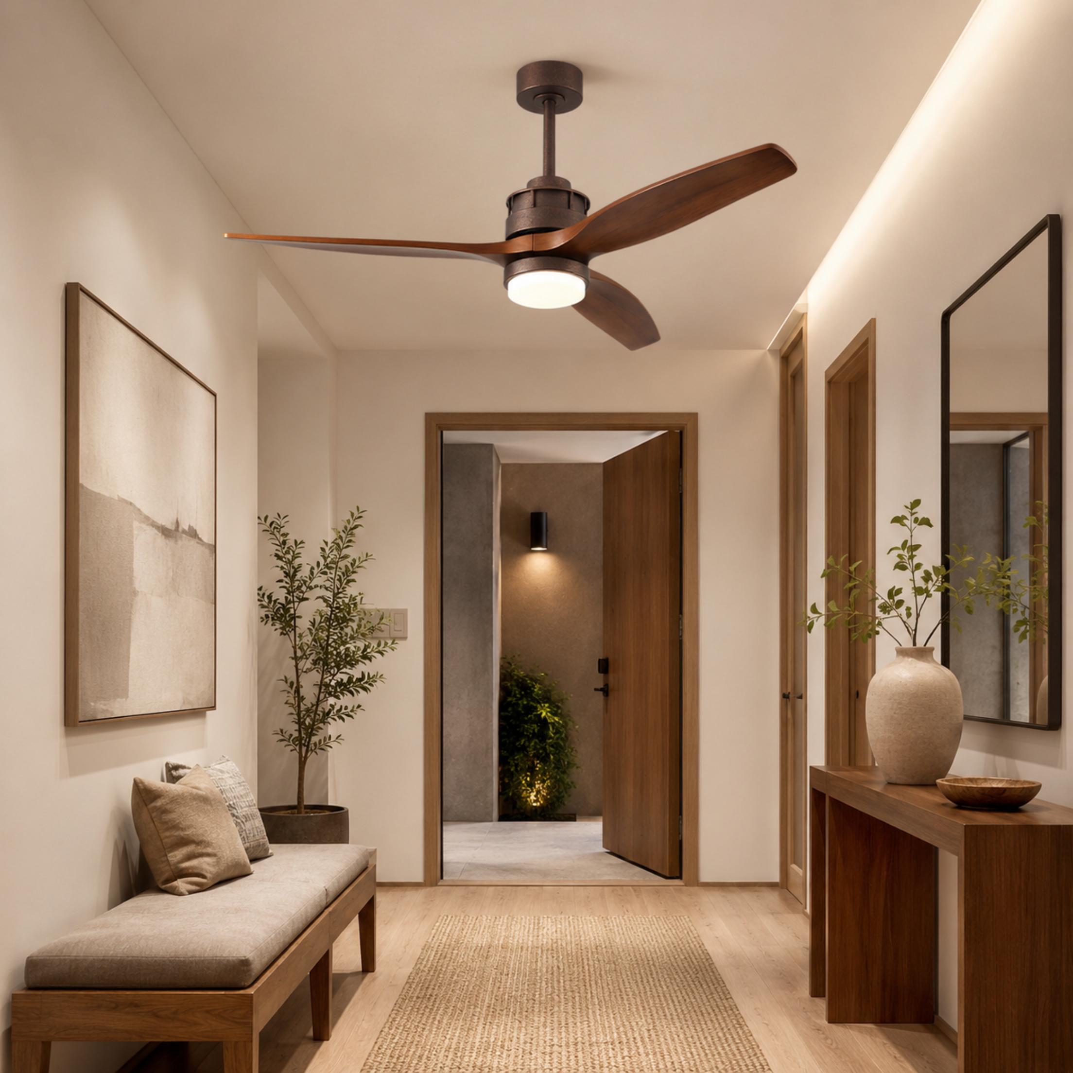 Deckenventilator im nordischen Stil mit Beleuchtung, flacher Montage, Holzflügeln, dimmbarer LED und Fernbedienung | ribuella