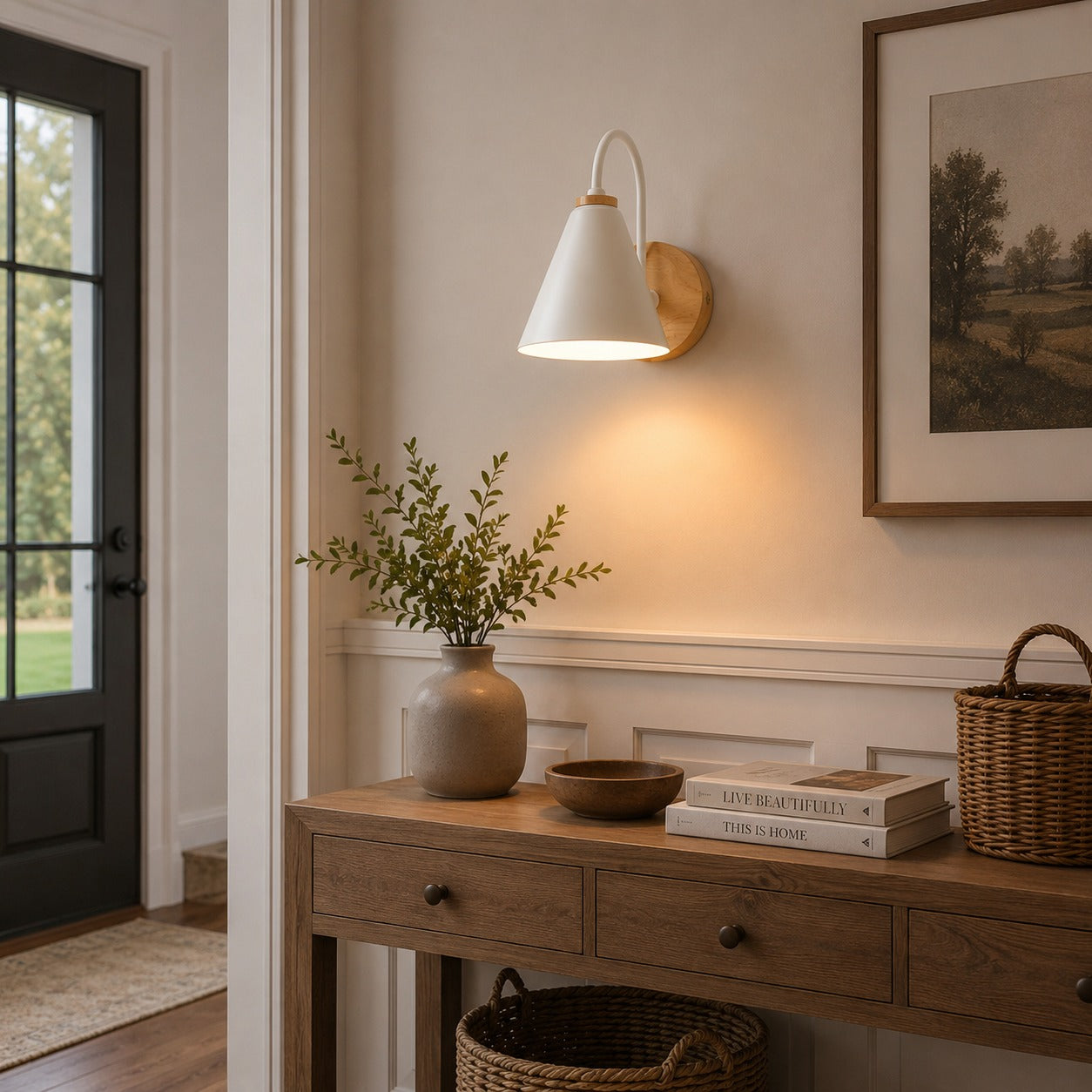 Applique da parete nordica con paralume in ferro e piastra posteriore in legno, dimmerabile, per uso interno | ribuella