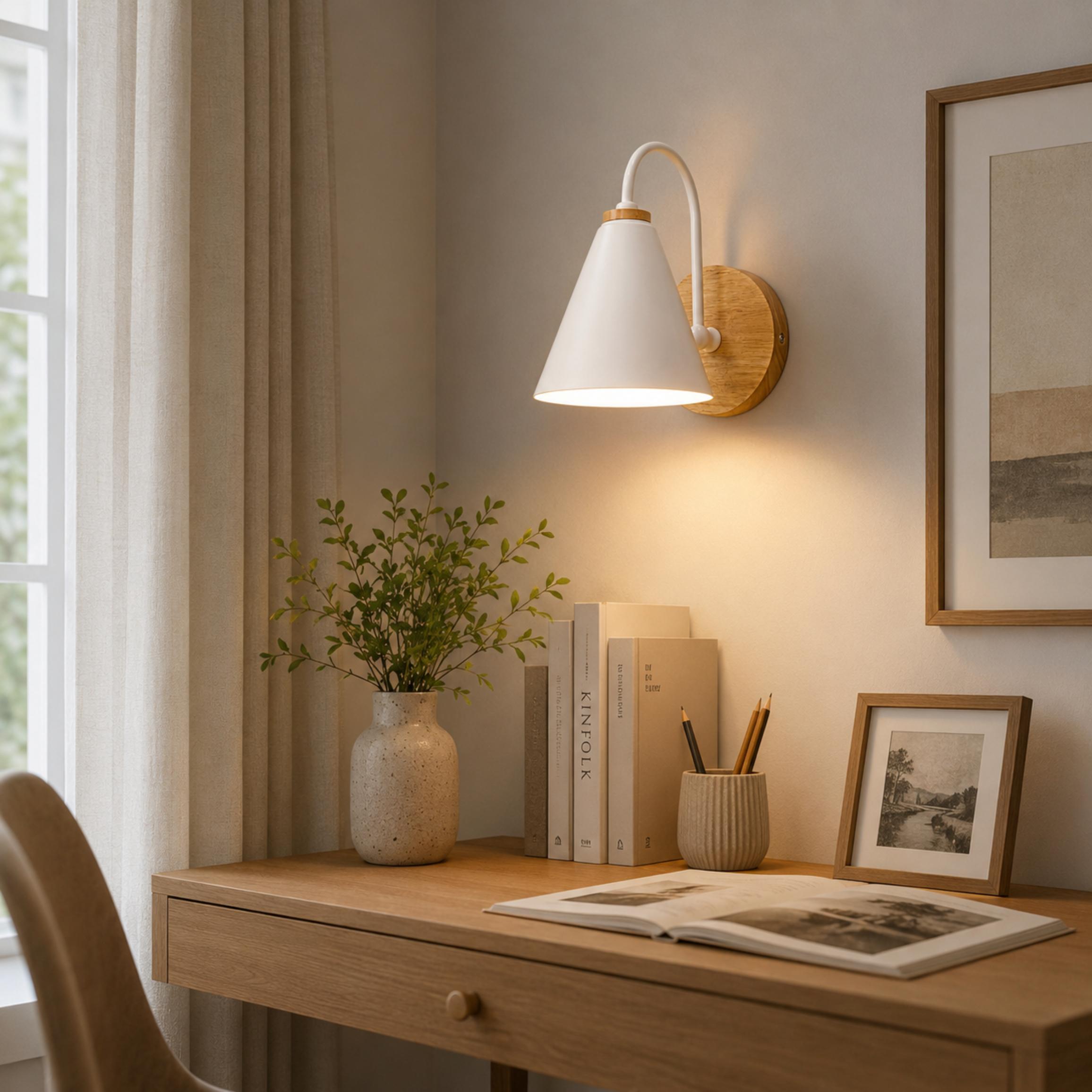 Applique da parete nordica con paralume in ferro e piastra posteriore in legno, dimmerabile, per uso interno | ribuella