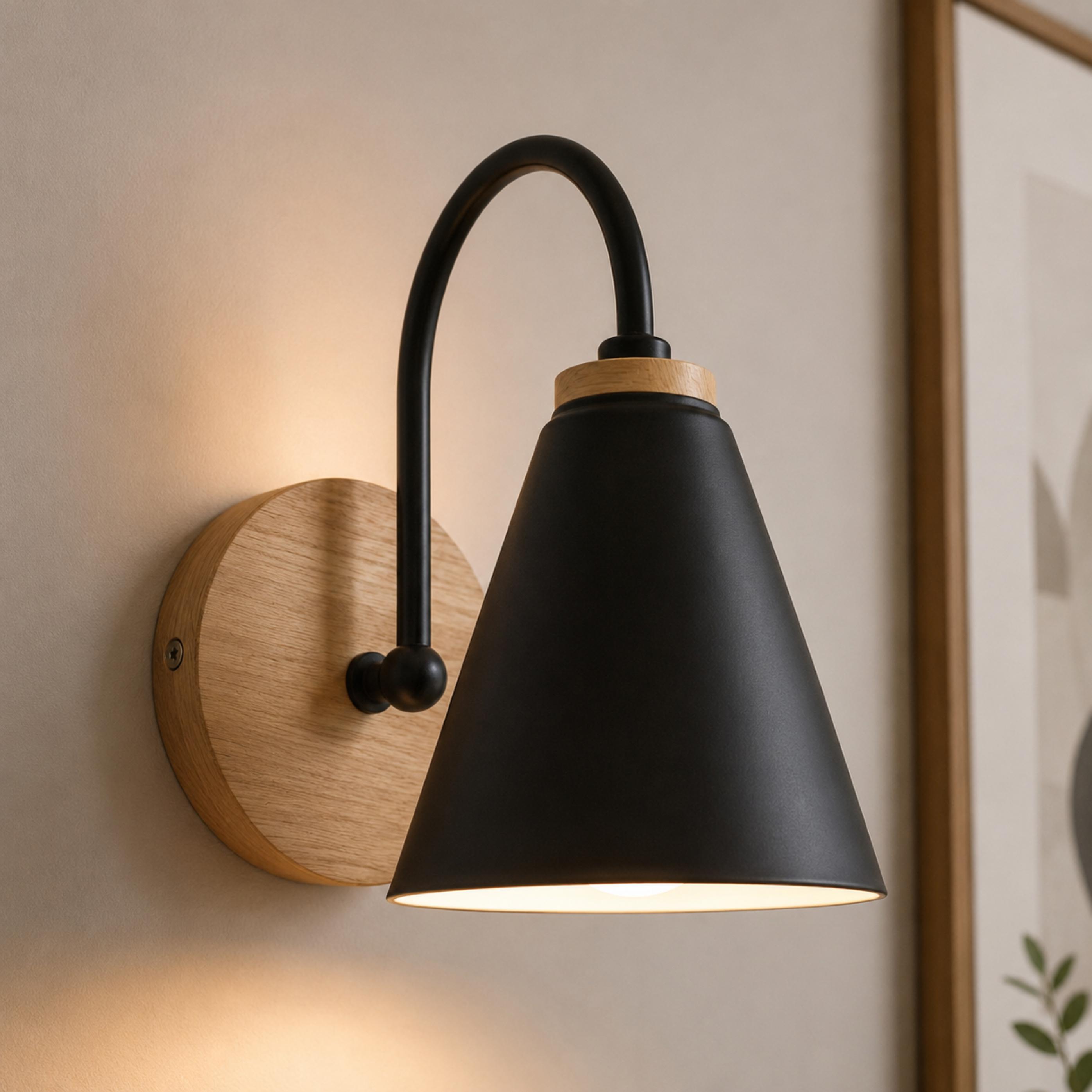 Applique da parete nordica con paralume in ferro e piastra posteriore in legno, dimmerabile, per uso interno | ribuella
