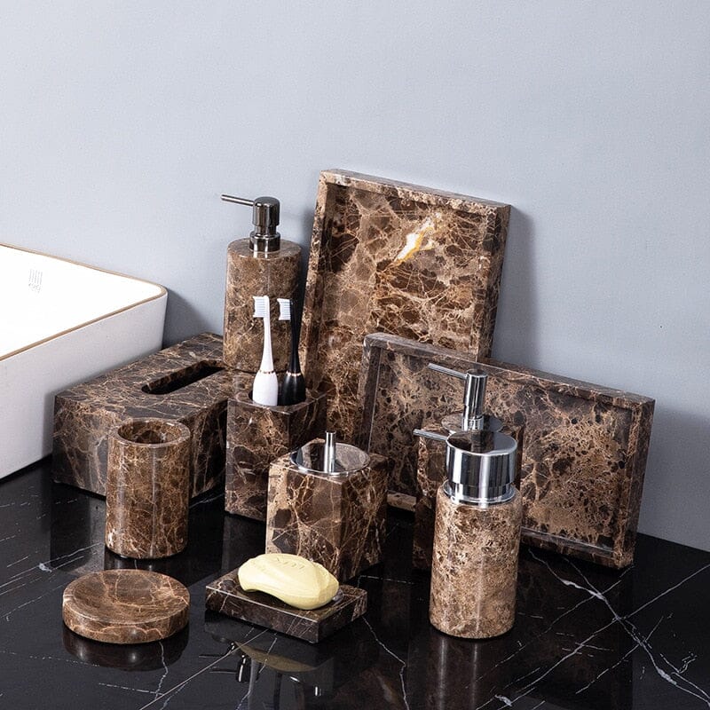 Aurea Bathroom Accessory Set — Hand-Finished Dark Marble Accents