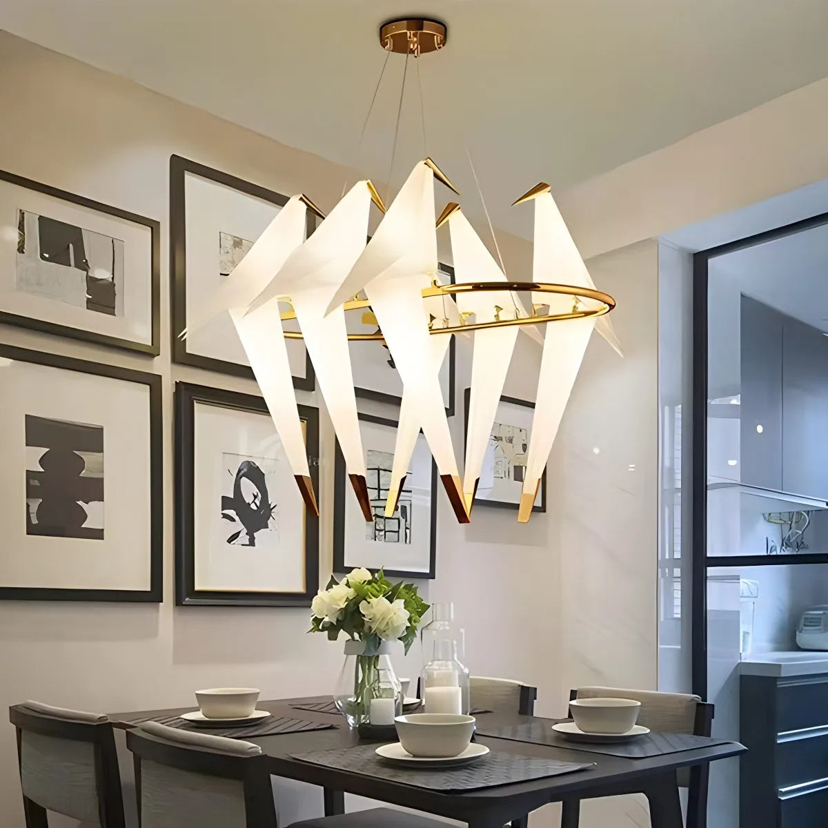 Origami Paper Crane Chandelier With Sculptural Hanging Forms