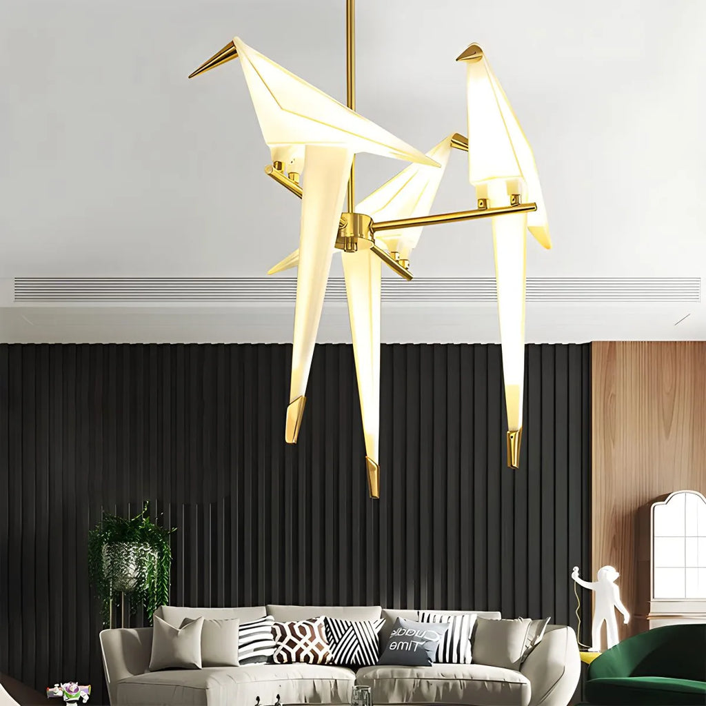 Origami Paper Crane Chandelier With Sculptural Hanging Forms