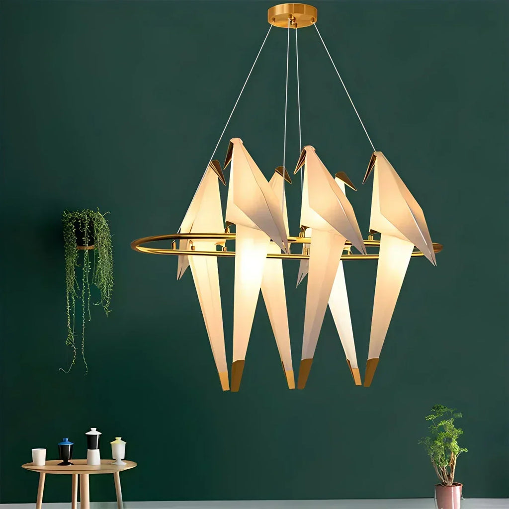 Origami Paper Crane Chandelier With Sculptural Hanging Forms
