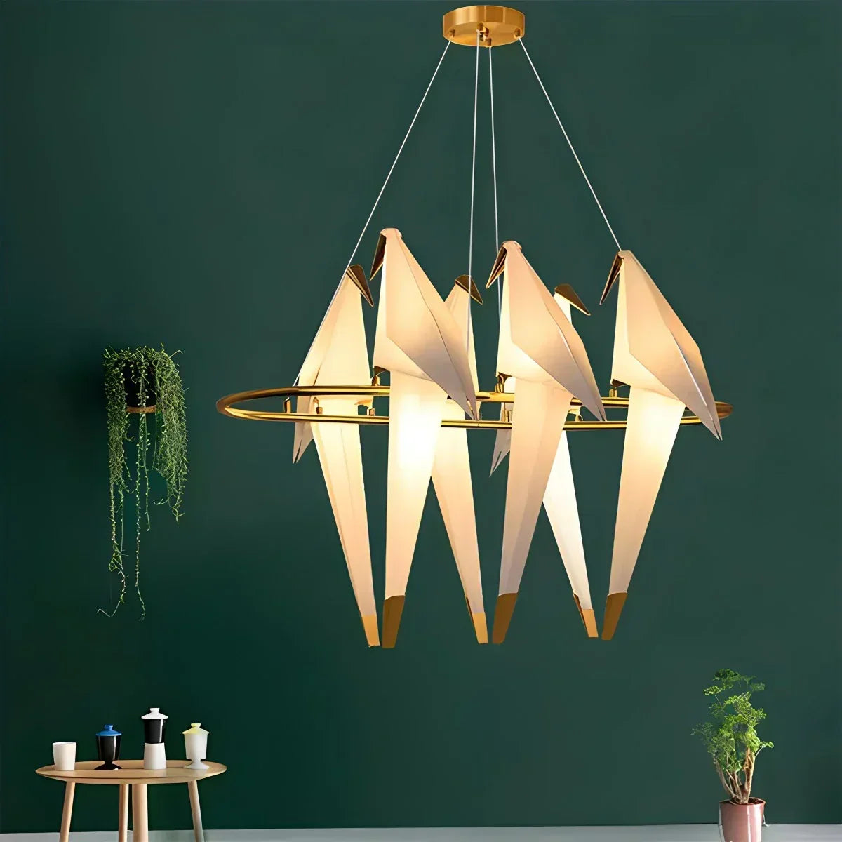 Origami Paper Crane Chandelier With Sculptural Hanging Forms