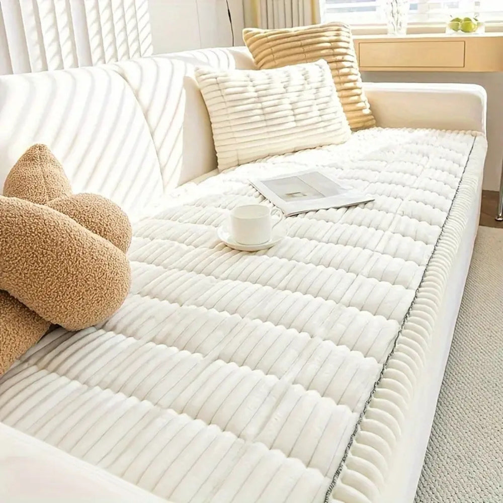 Plush Sofa Cover — Elegant Pleated Edges, Elastic Secured Fit