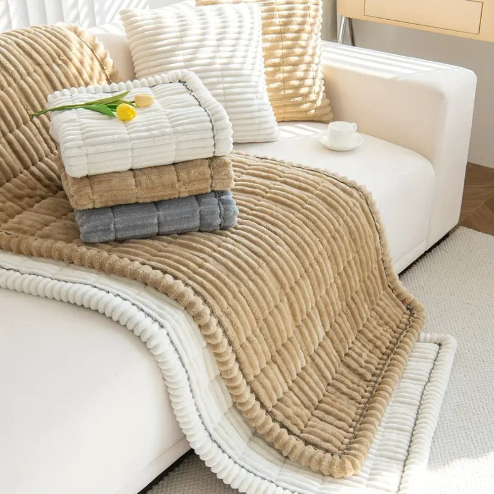 Plush Sofa Cover — Elegant Pleated Edges, Elastic Secured Fit