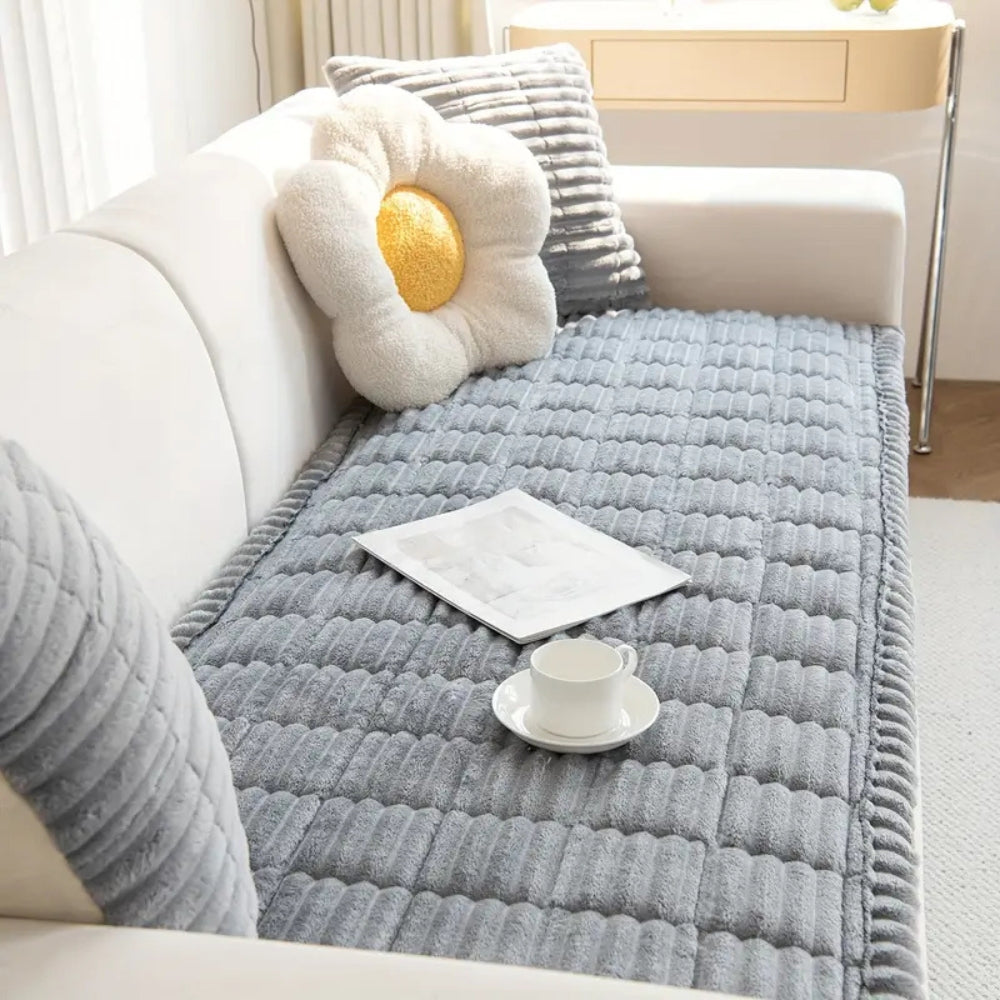 Plush Sofa Cover — Elegant Pleated Edges, Elastic Secured Fit