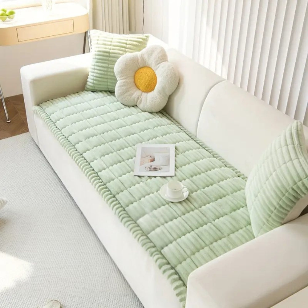 Plush Sofa Cover — Elegant Pleated Edges, Elastic Secured Fit